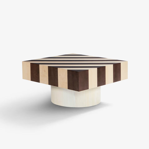 Round coffee table with striped wood top