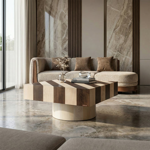 Striped wood coffee table in living room