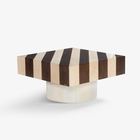 Striped wood coffee table, angled view