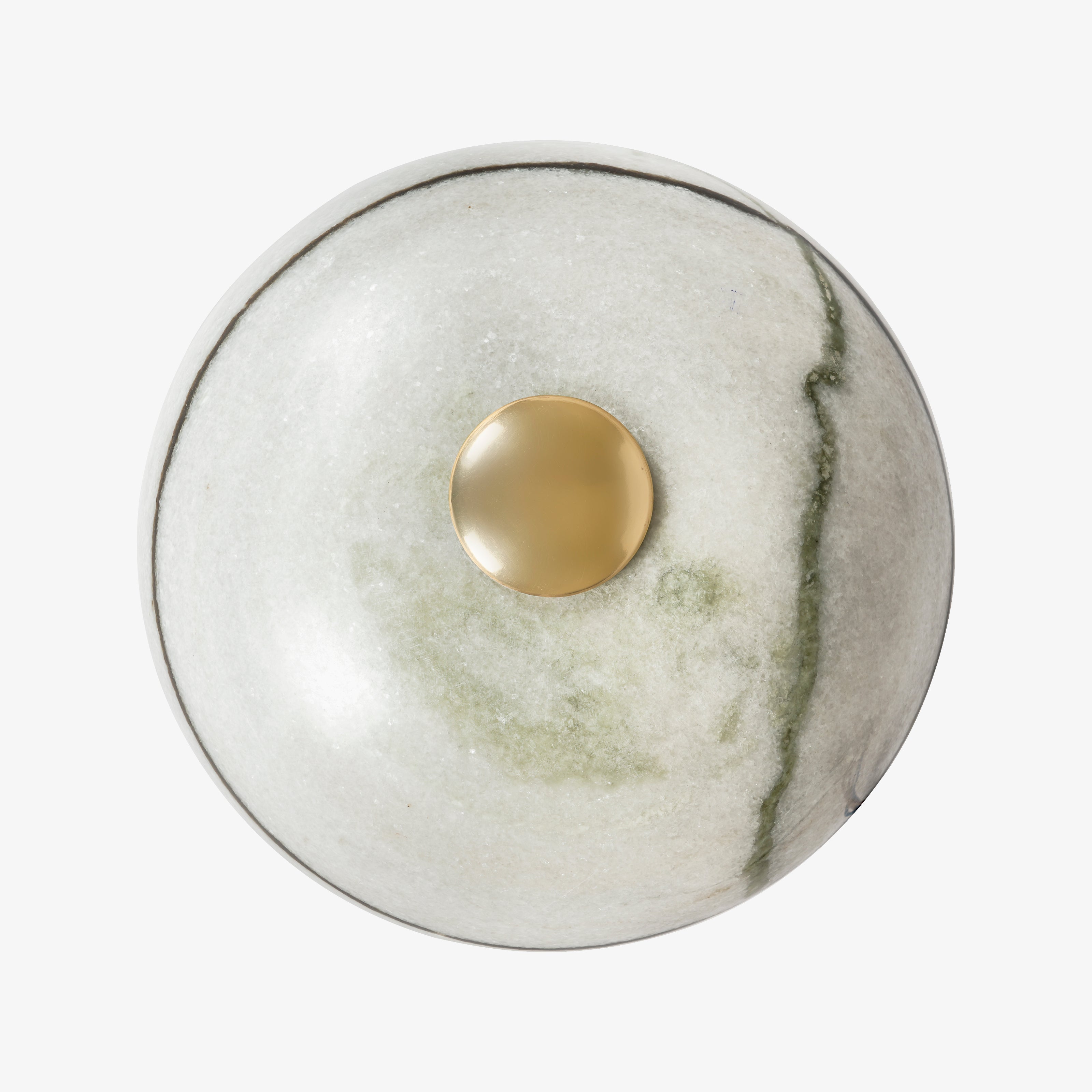 Travertine marble wall light with circular stone diffuser and brass center detail, modern wall lighting fixture