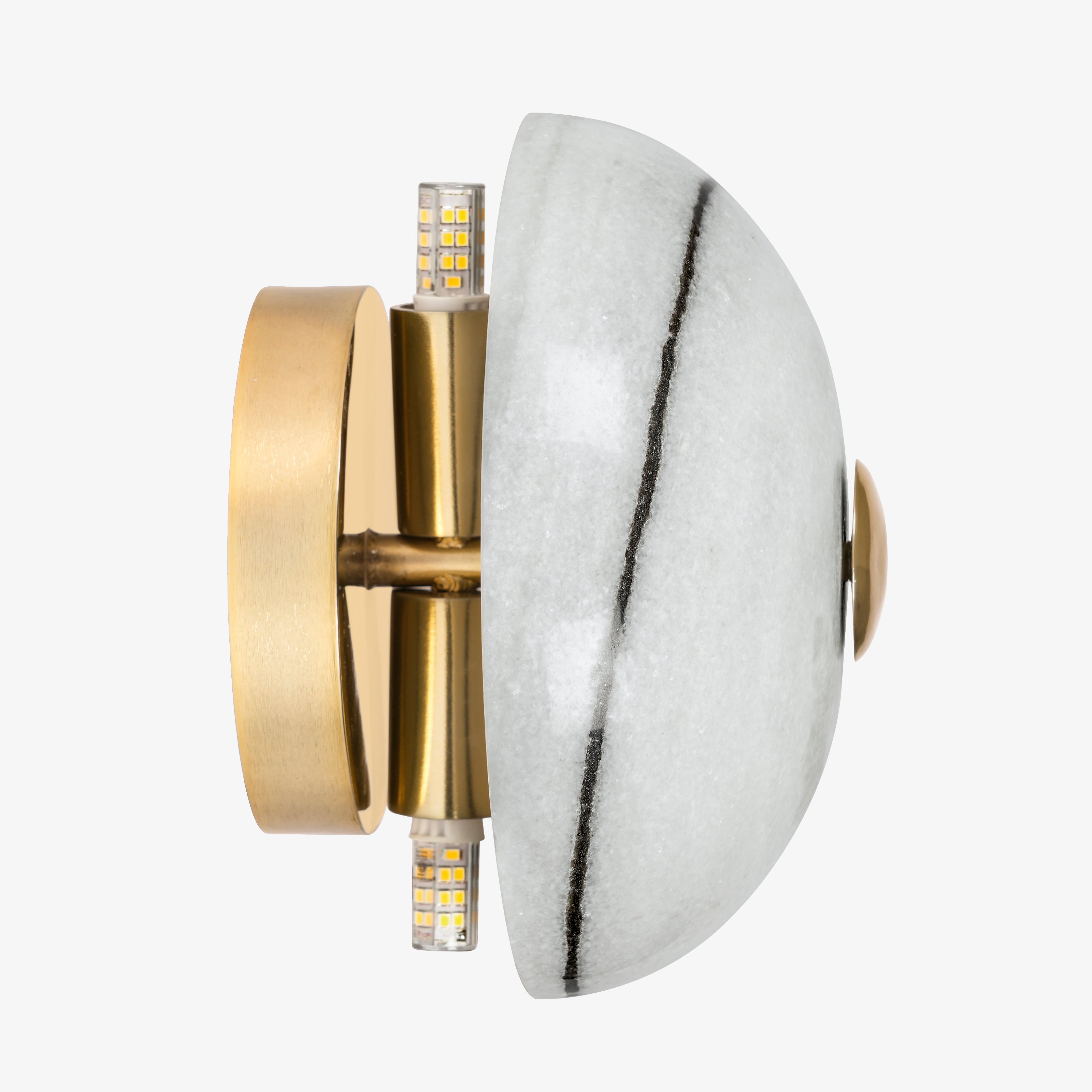 White marble wall lamp with subtle natural veining and brass mount, contemporary stone wall light