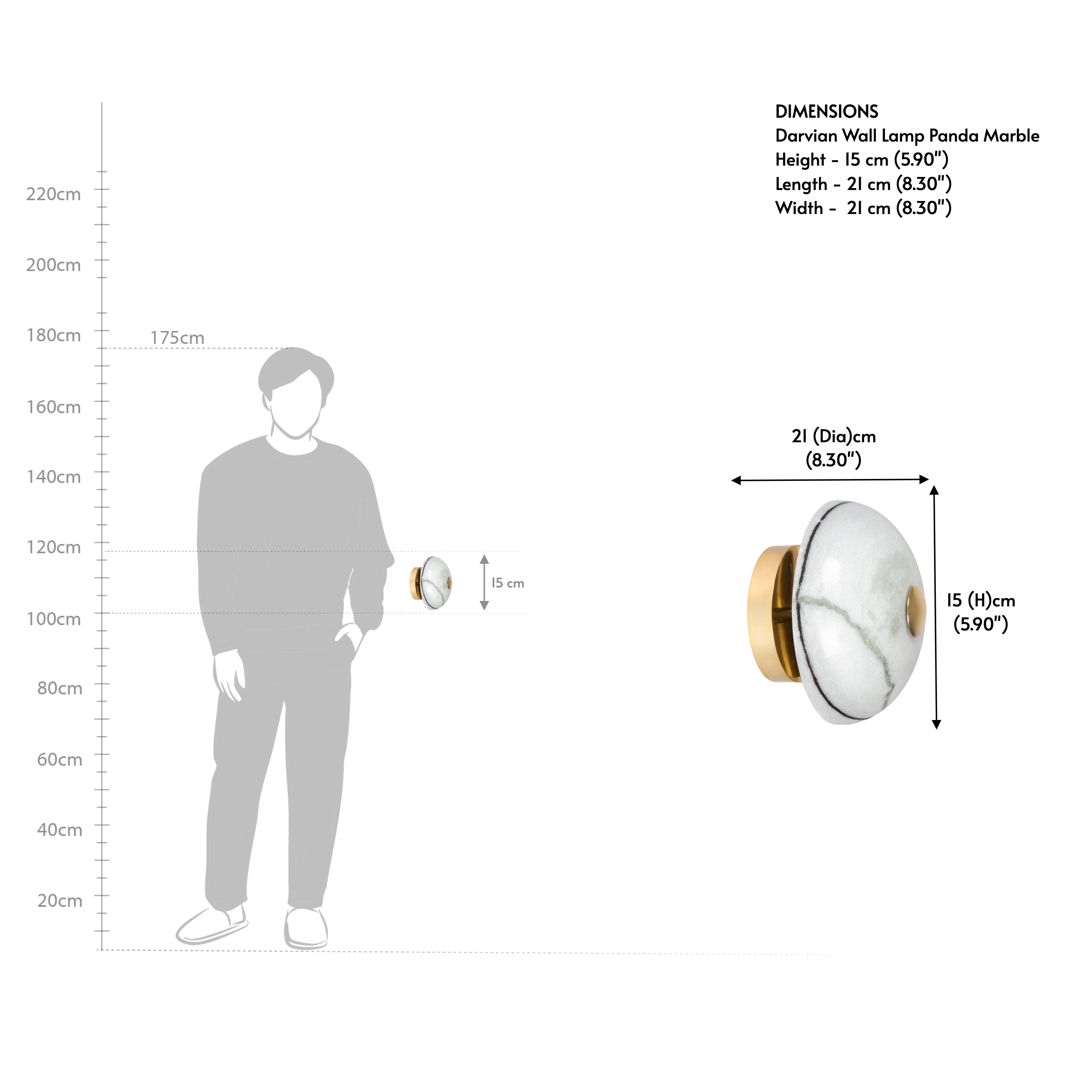 White marble wall lamp dimensions showing height and diameter, compact decorative wall lighting solution