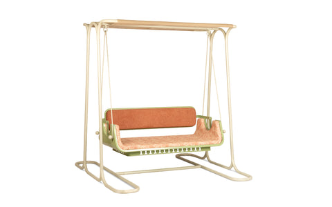 shot of the Dastoori outdoor swing featuring a canopy and a minimalist beige metal frame.