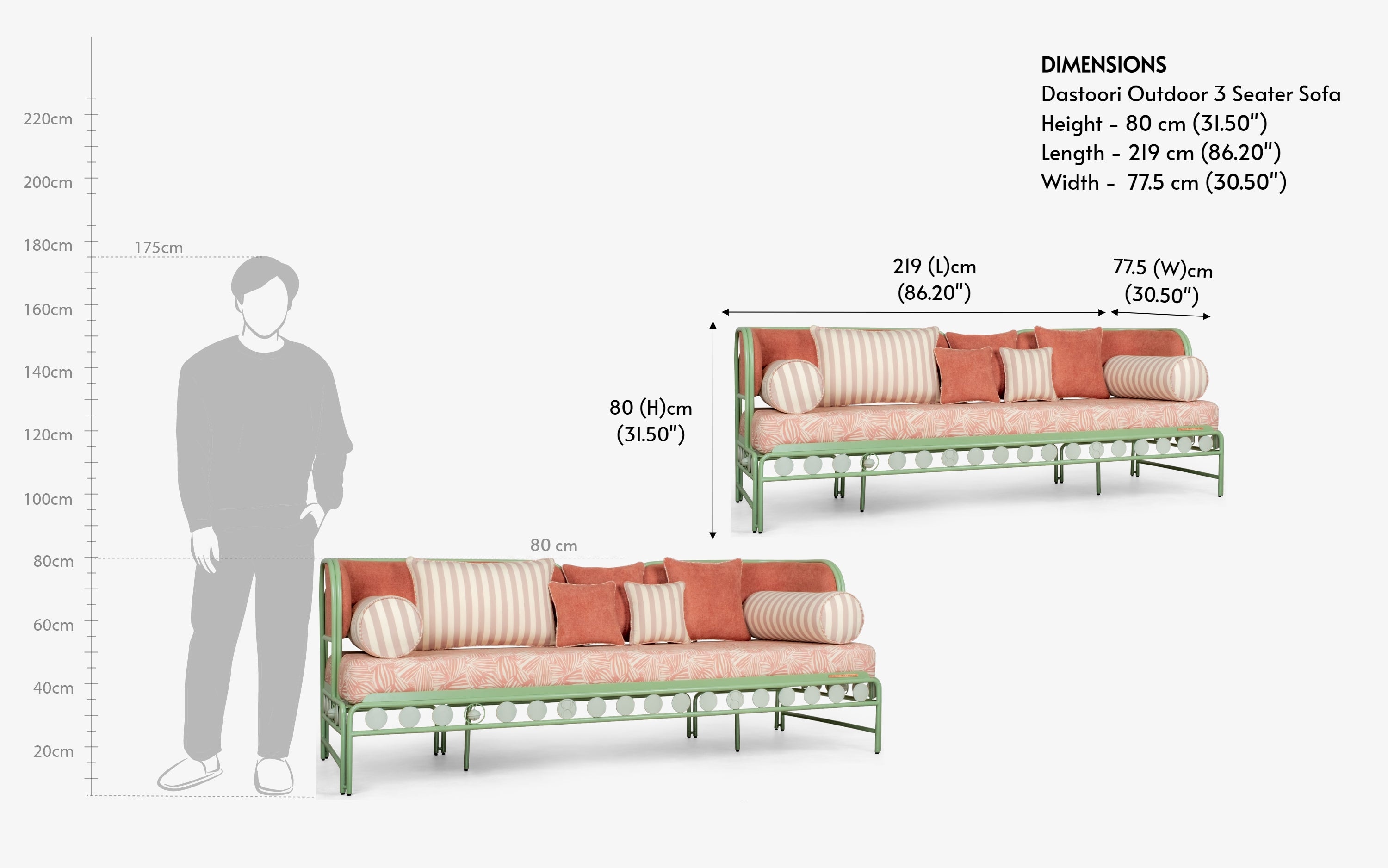Dastoori Outdoor 3 Seater Sofa - Close shot - from right angle - Orange Tree