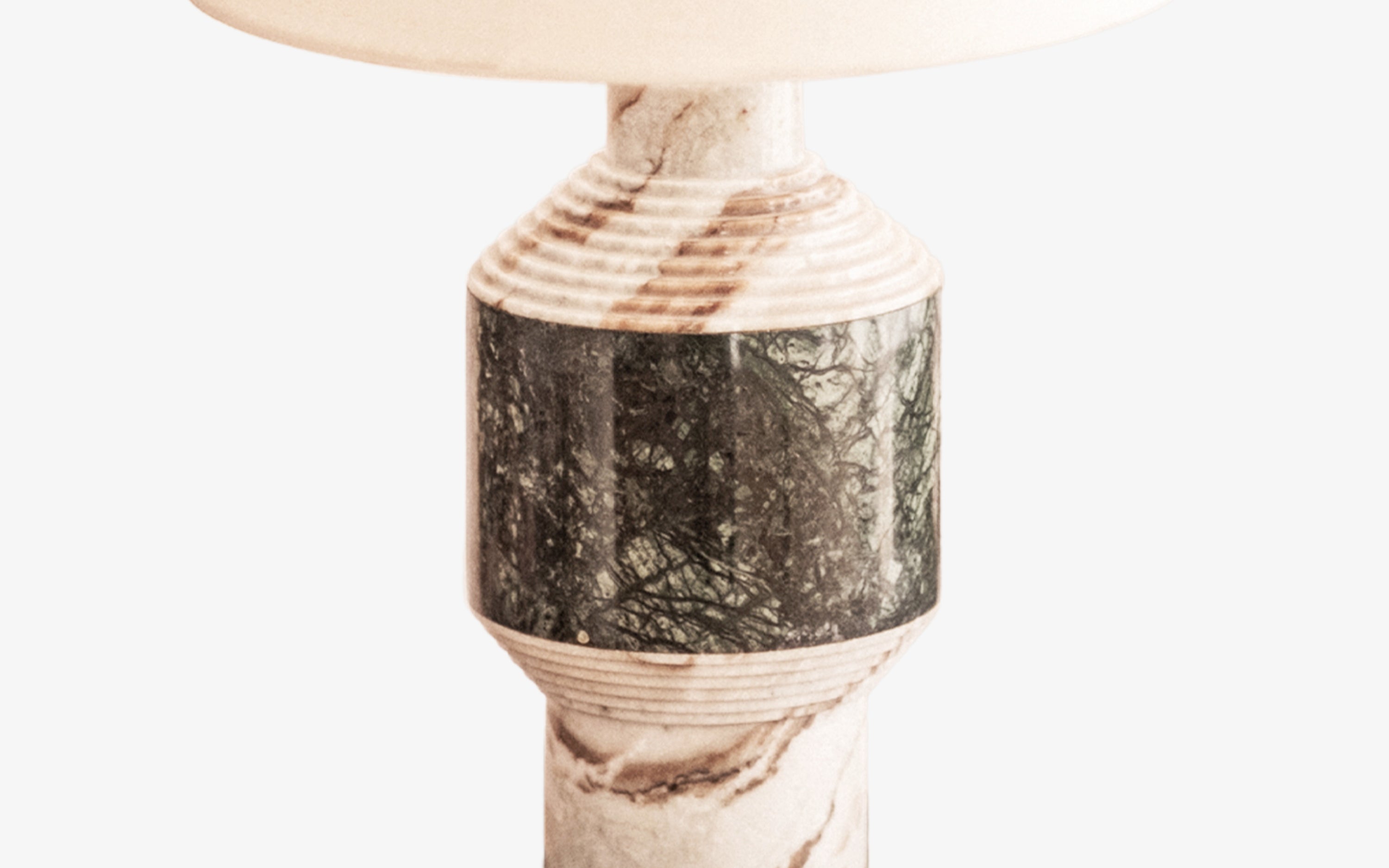 Doru Marble Table Lamp | Toronto Marble with White Cotton Shade - Close shot - from left angle - Orange Tree