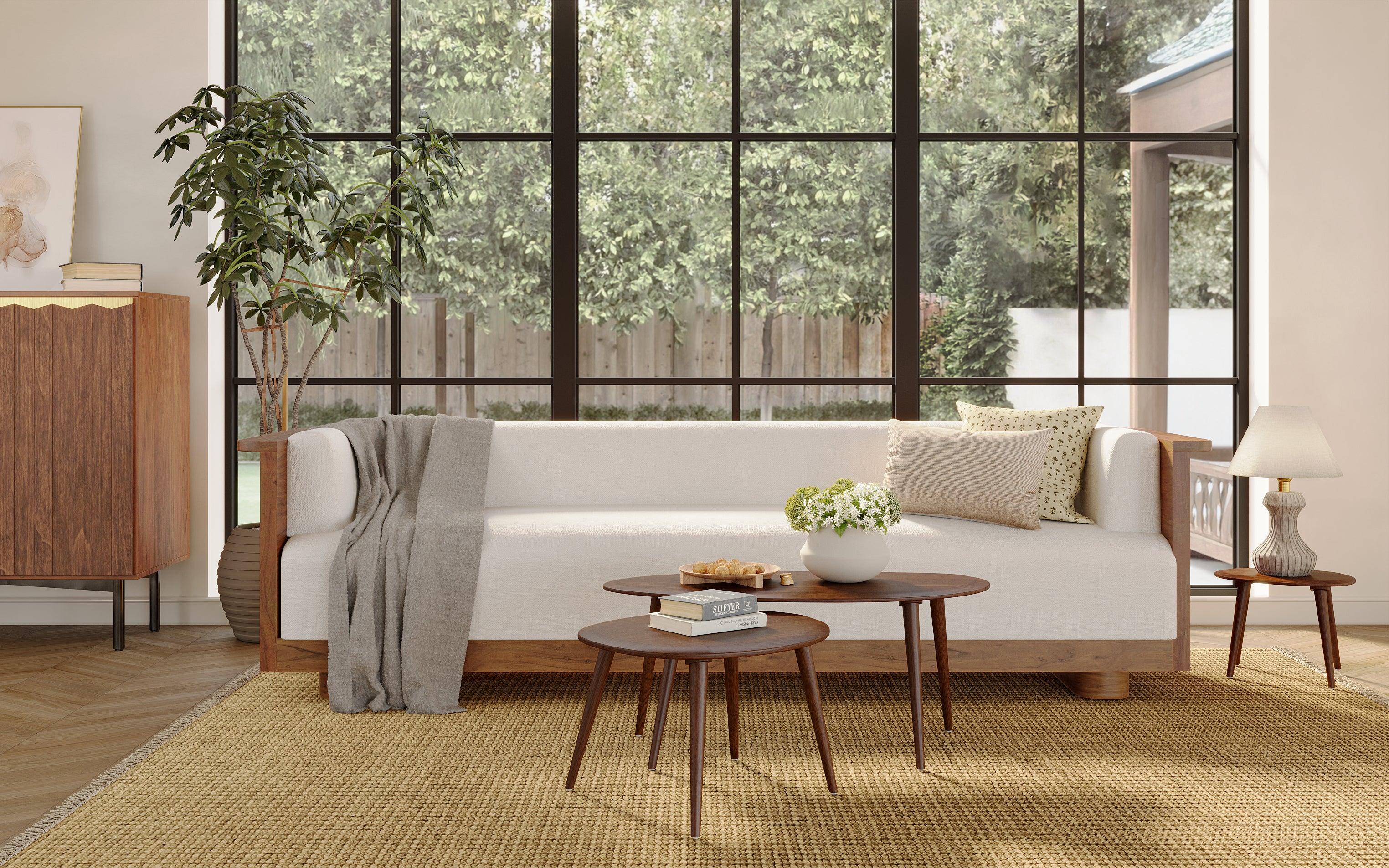 Douglas 3-Seater White Sofa with Solid Wood Base - Close shot - Orange Tree