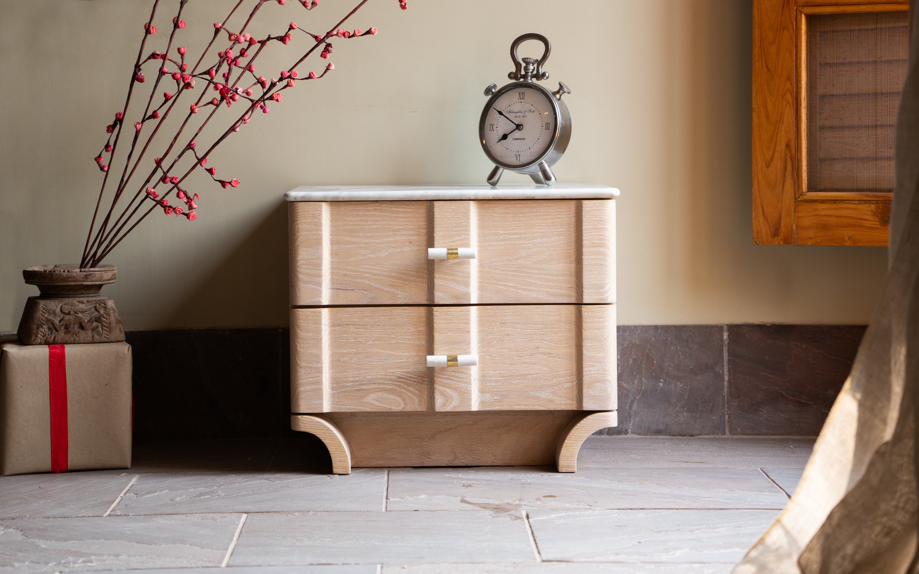 Buy Dune Marble Top Bedside Table with 2 Drawers in White Finish - Close shot - from right angle - Orange Tree
