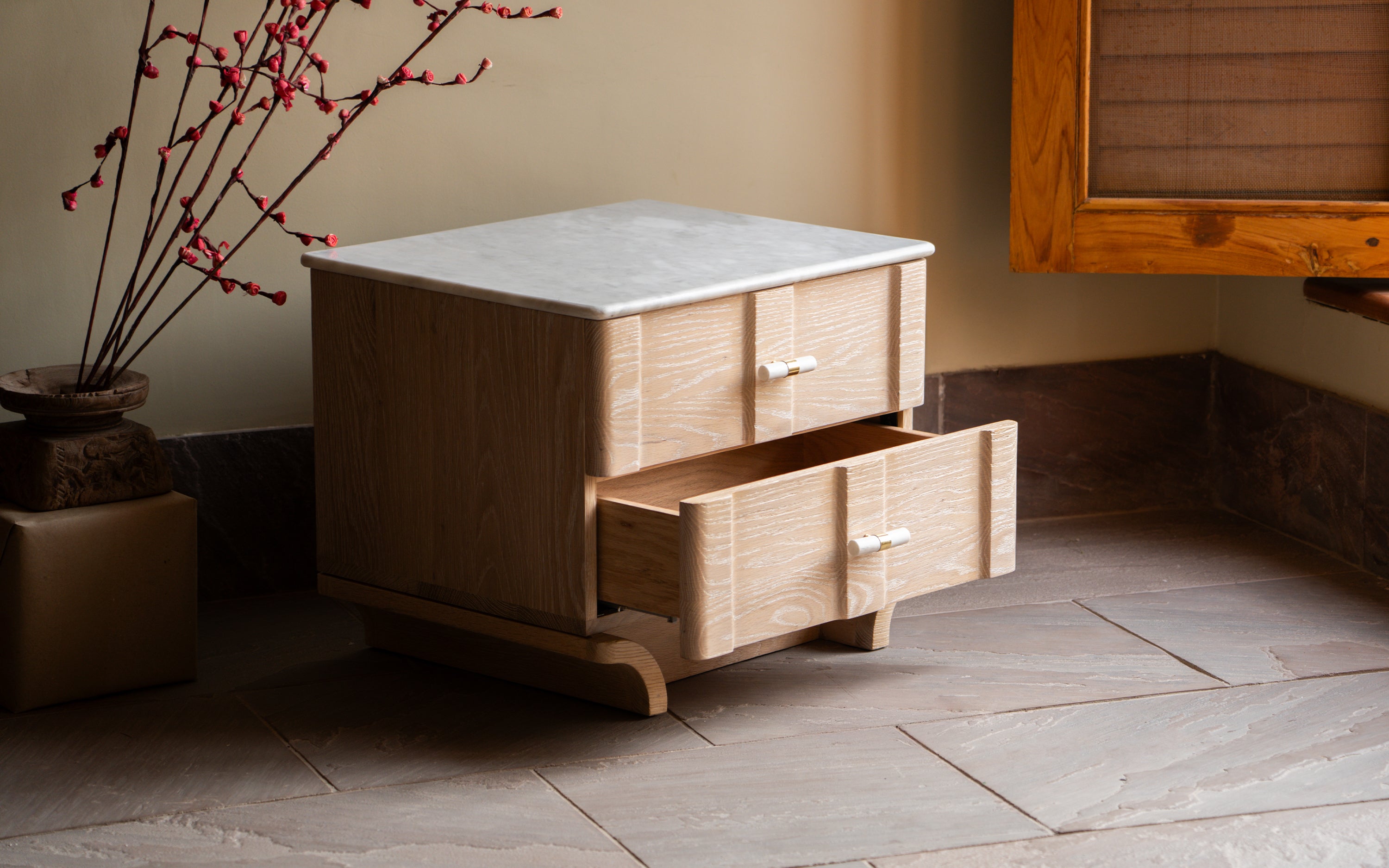 Buy Dune Marble Top Bedside Table with 2 Drawers in White Finish - Close shot - from left angle - Orange Tree