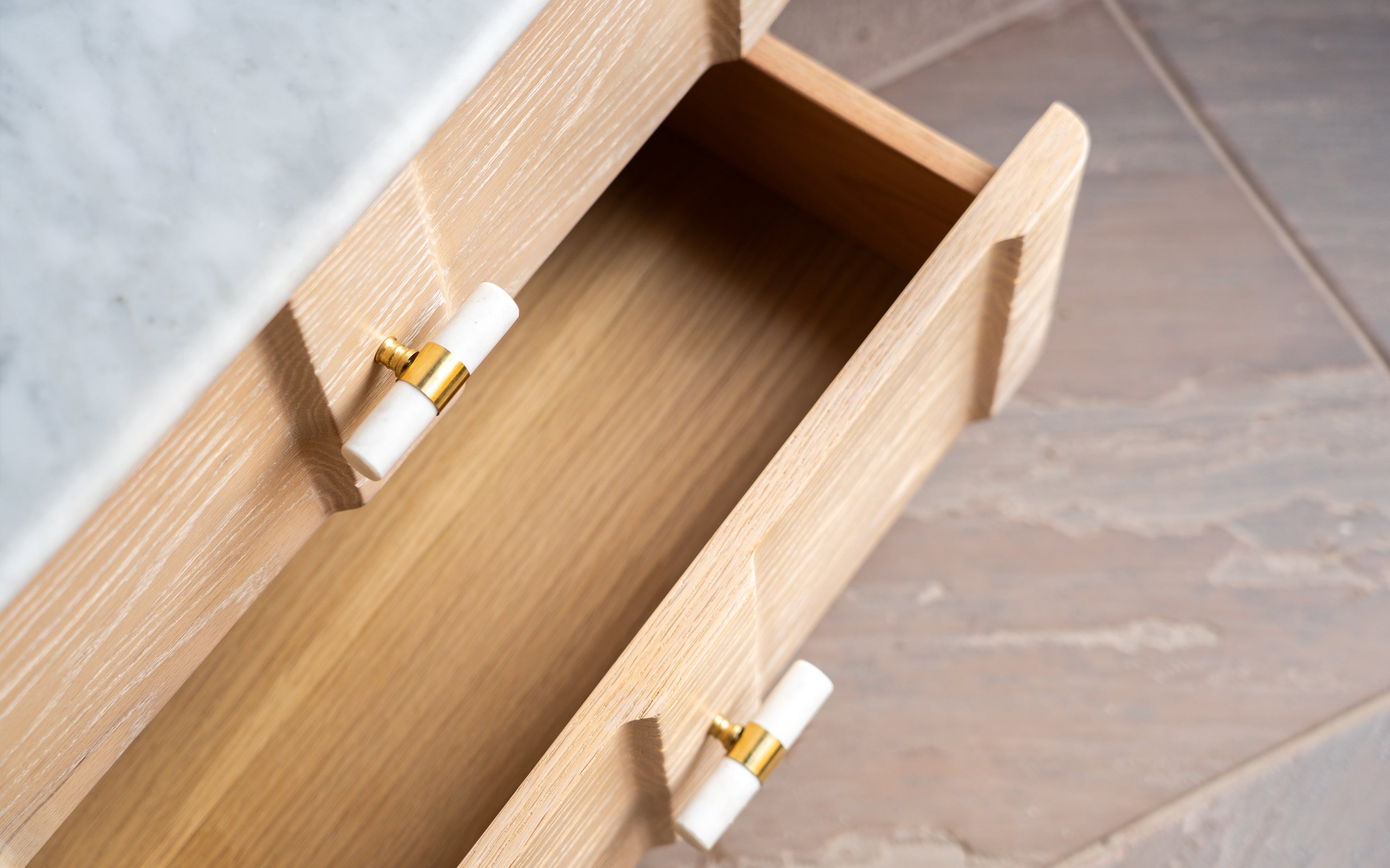 Buy Dune Marble Top Bedside Table with 2 Drawers in White Finish - Close shot - from upper angle - Orange Tree