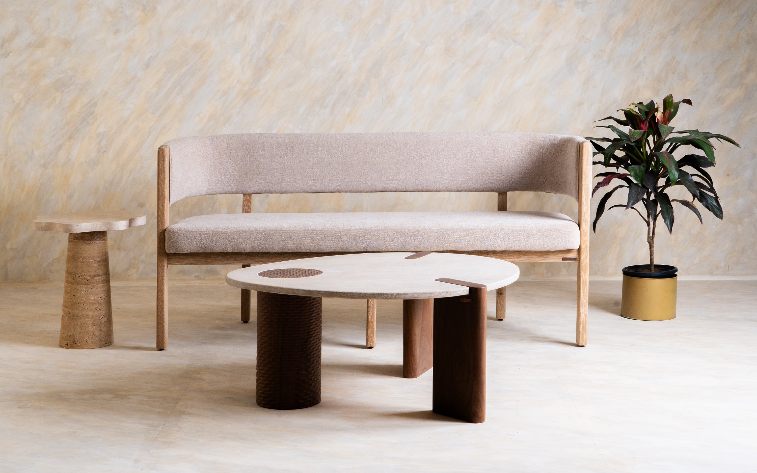 Dune Upholstered Living Room Bench | Oak Wood in White Finish - Close shot - from right angle - Orange Tree
