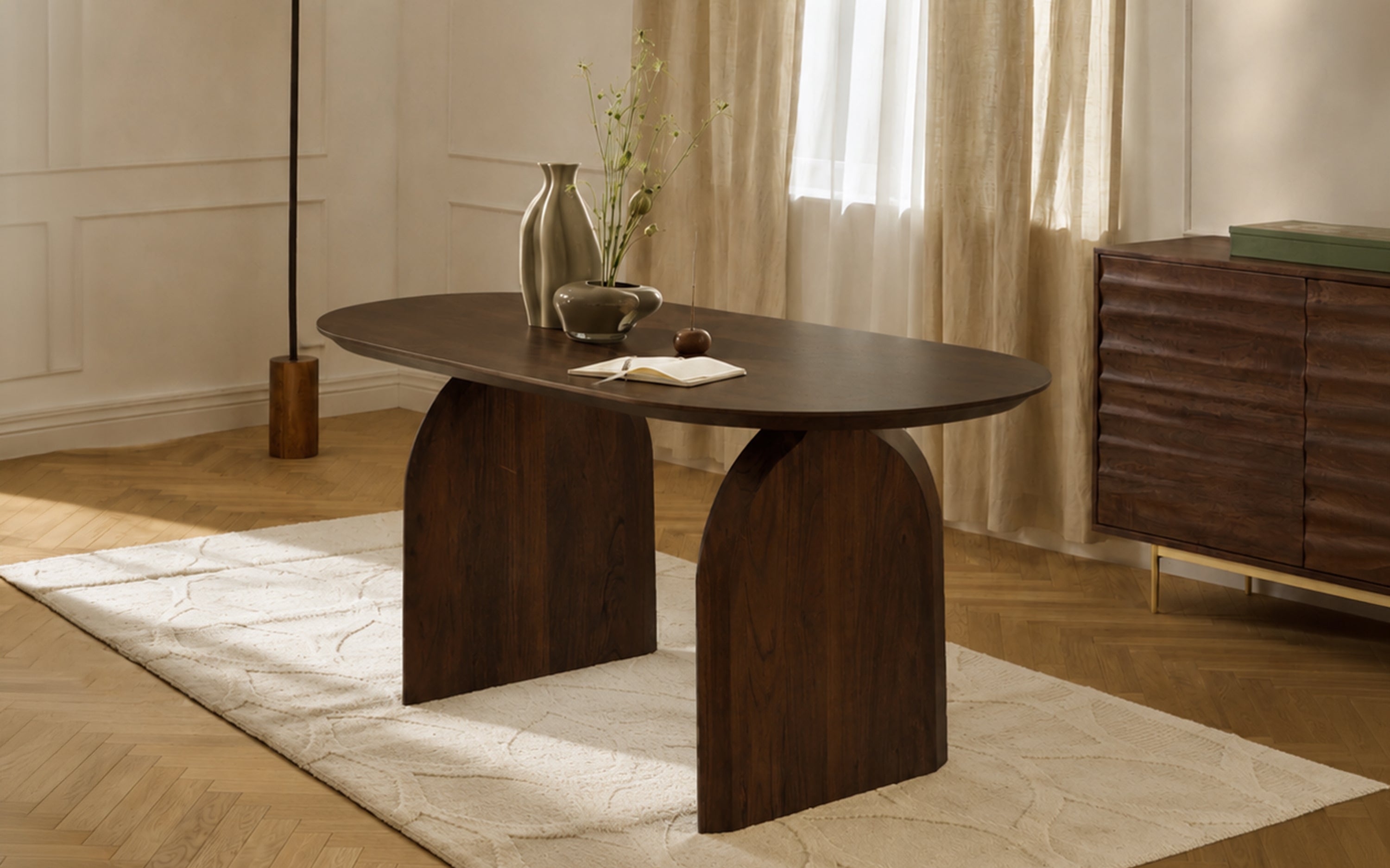Emiko 6 Seater Dining Table: solid acacia wood in walnut finish.