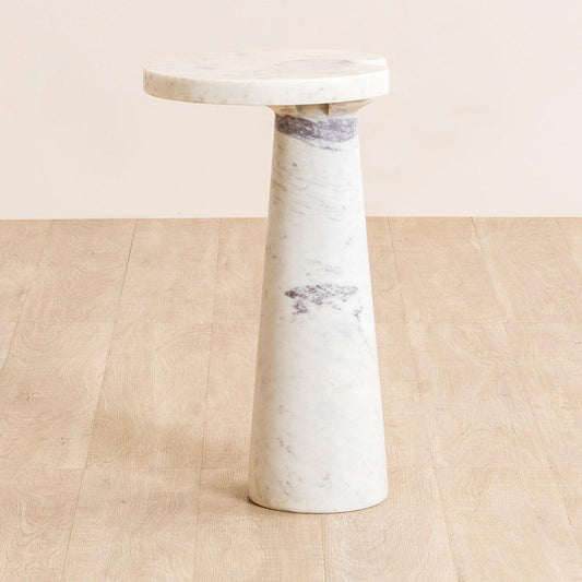 Linn Side Table made from Banswara Marble with a smooth matte finish. Perfect marble top side table for bedrooms and modern spaces.