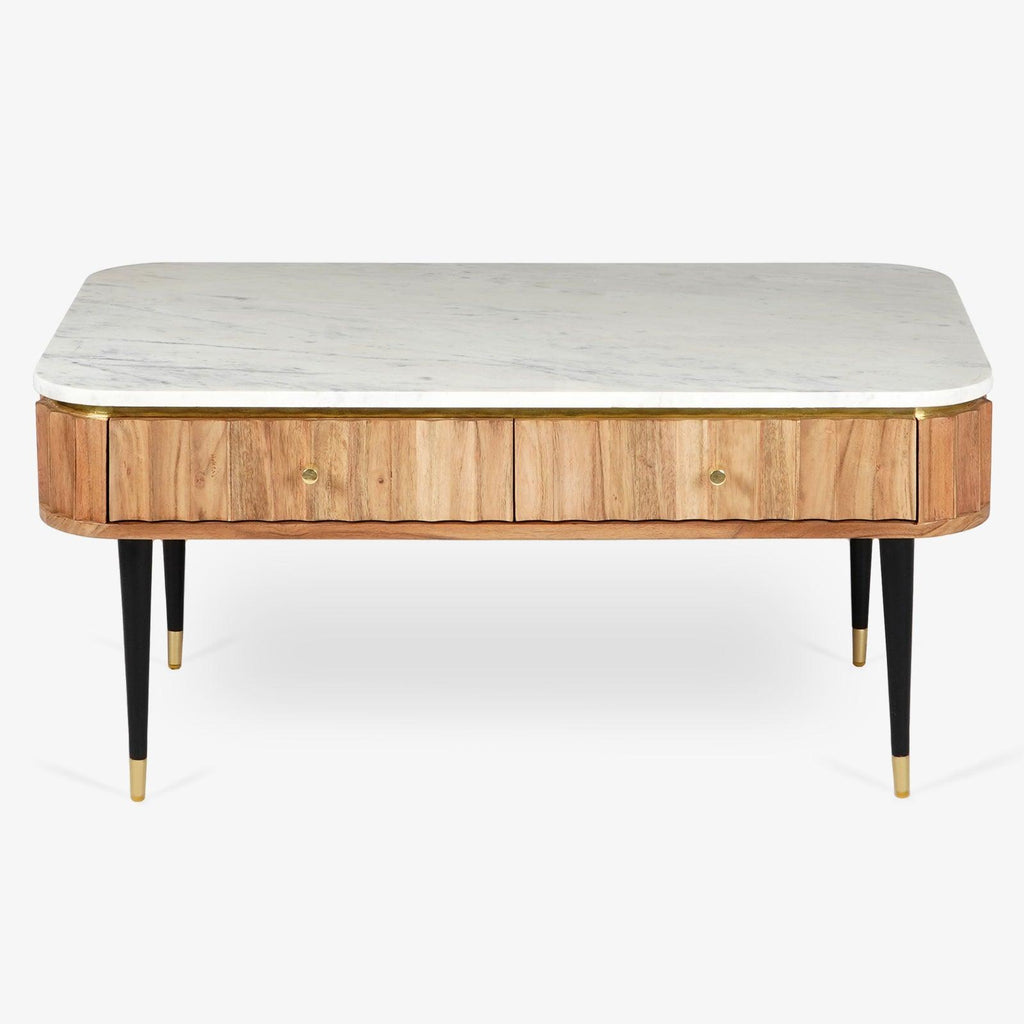 Flute Marble Wooden Coffee Table with Drawers