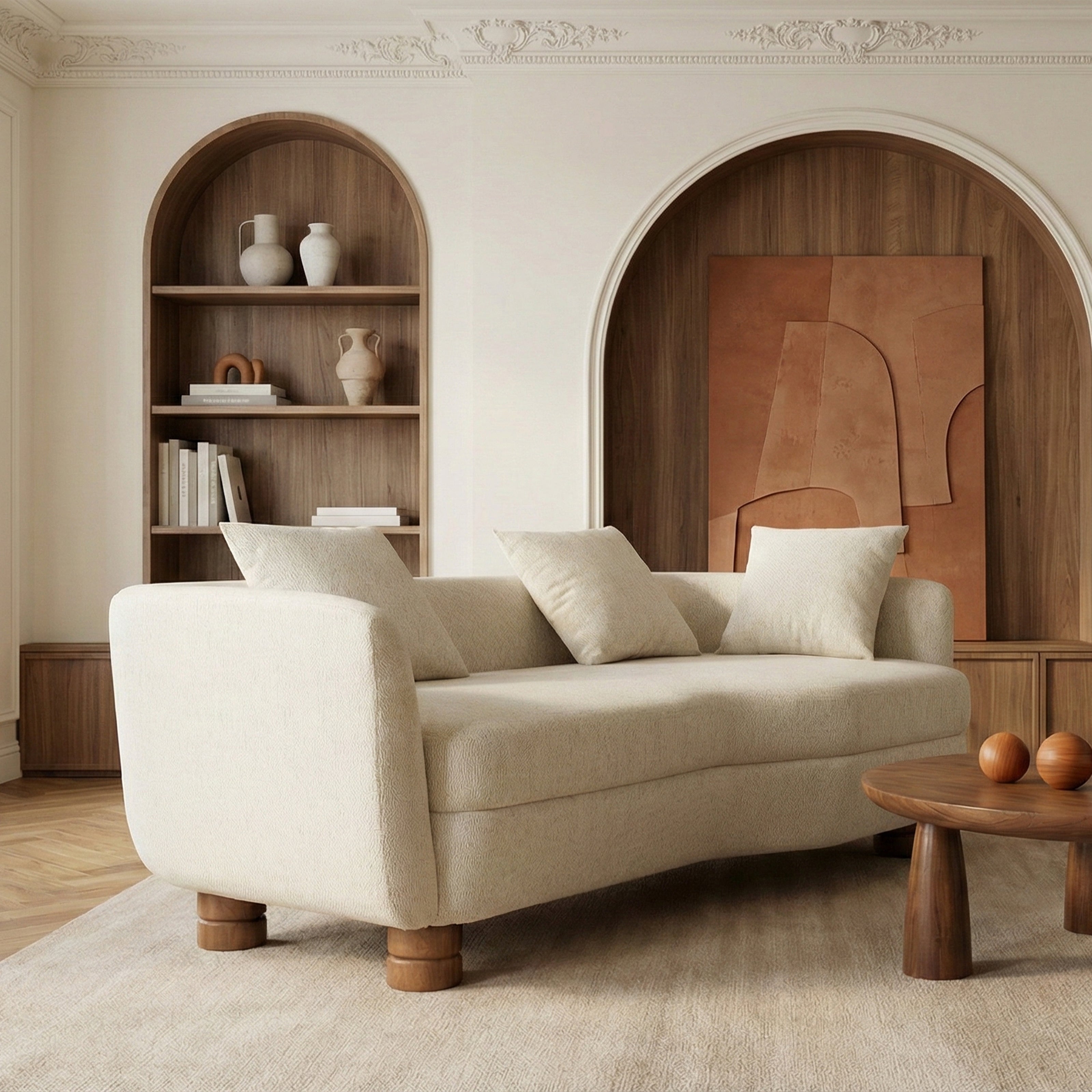 Cream sofa in arched niche living room