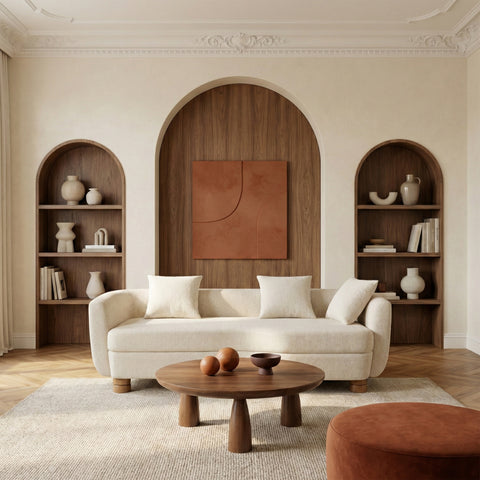 Sofa styled with wooden arch backdrop