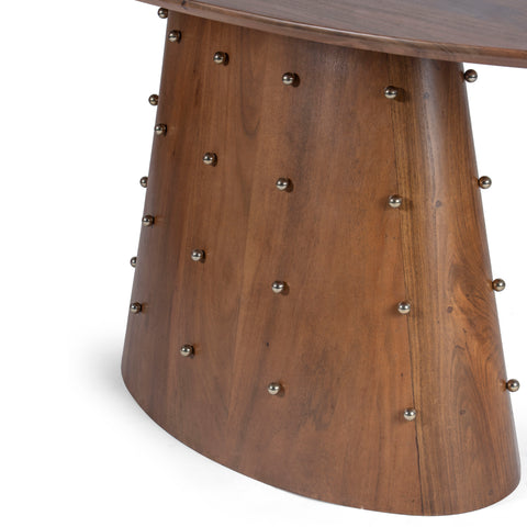 Curved wooden base with metal studs