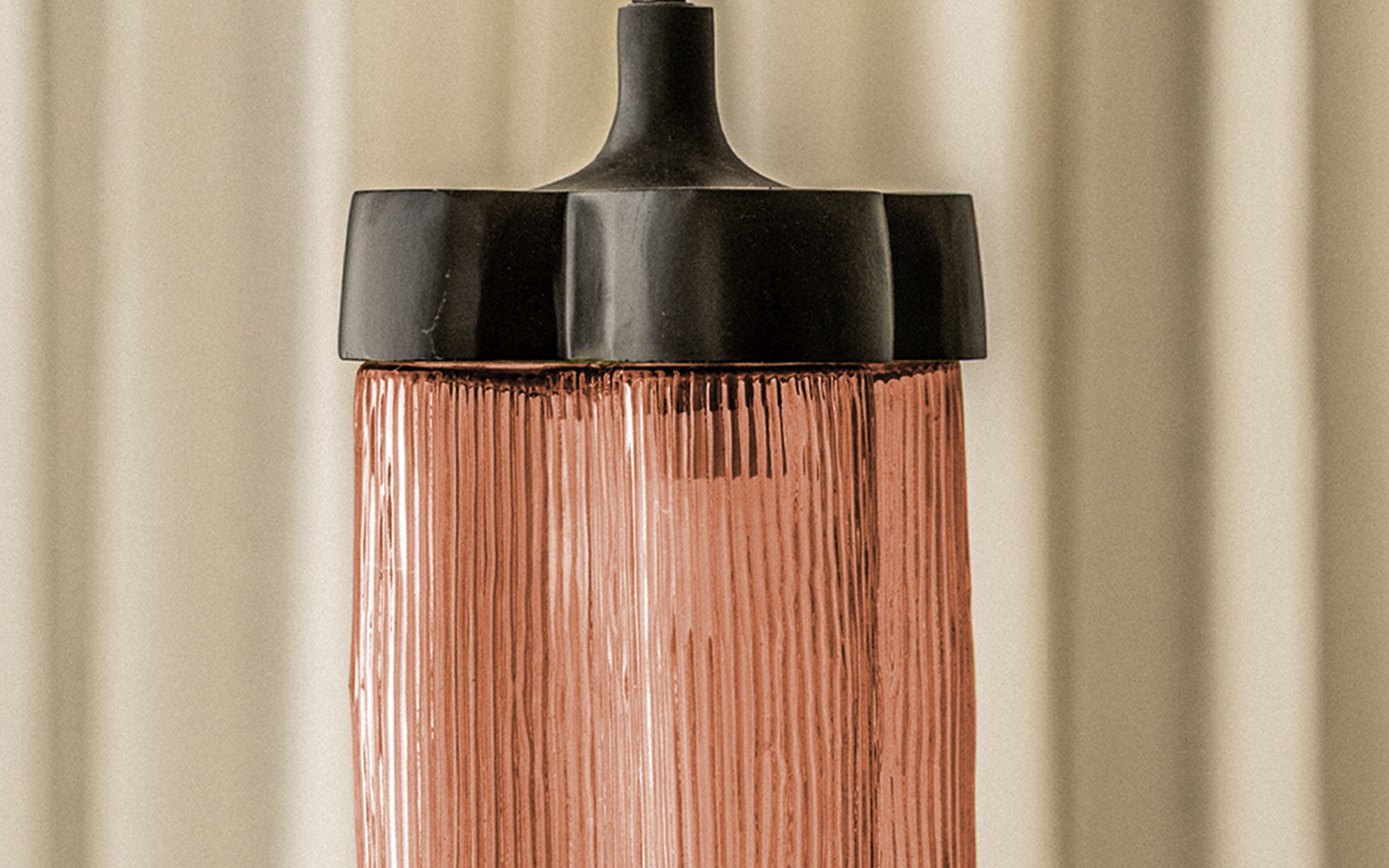 Furrow Hanging Lamp | Pendant lamp with Ribbed Olive Glass - Close shot - from right angle - Orange Tree