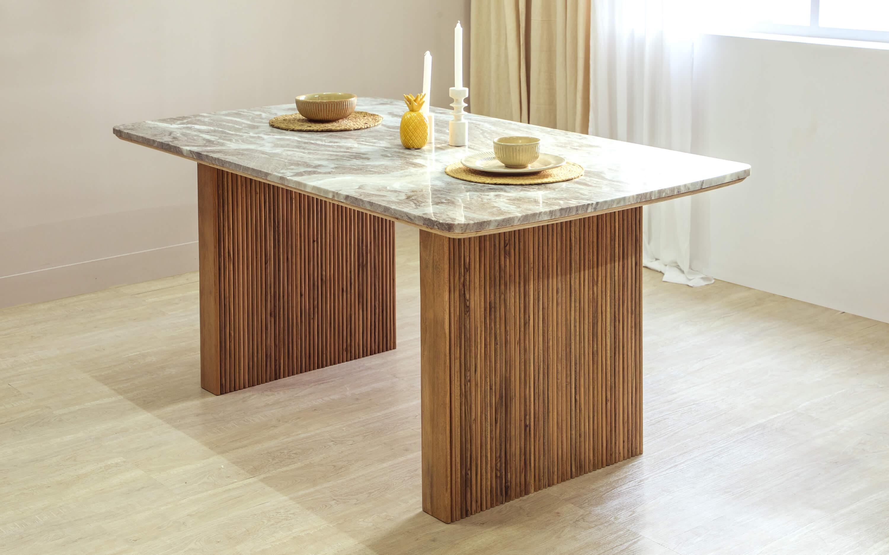 Hiro 6-Seater Marble Top Dining Table with Solid Wood Base - Orange Tree