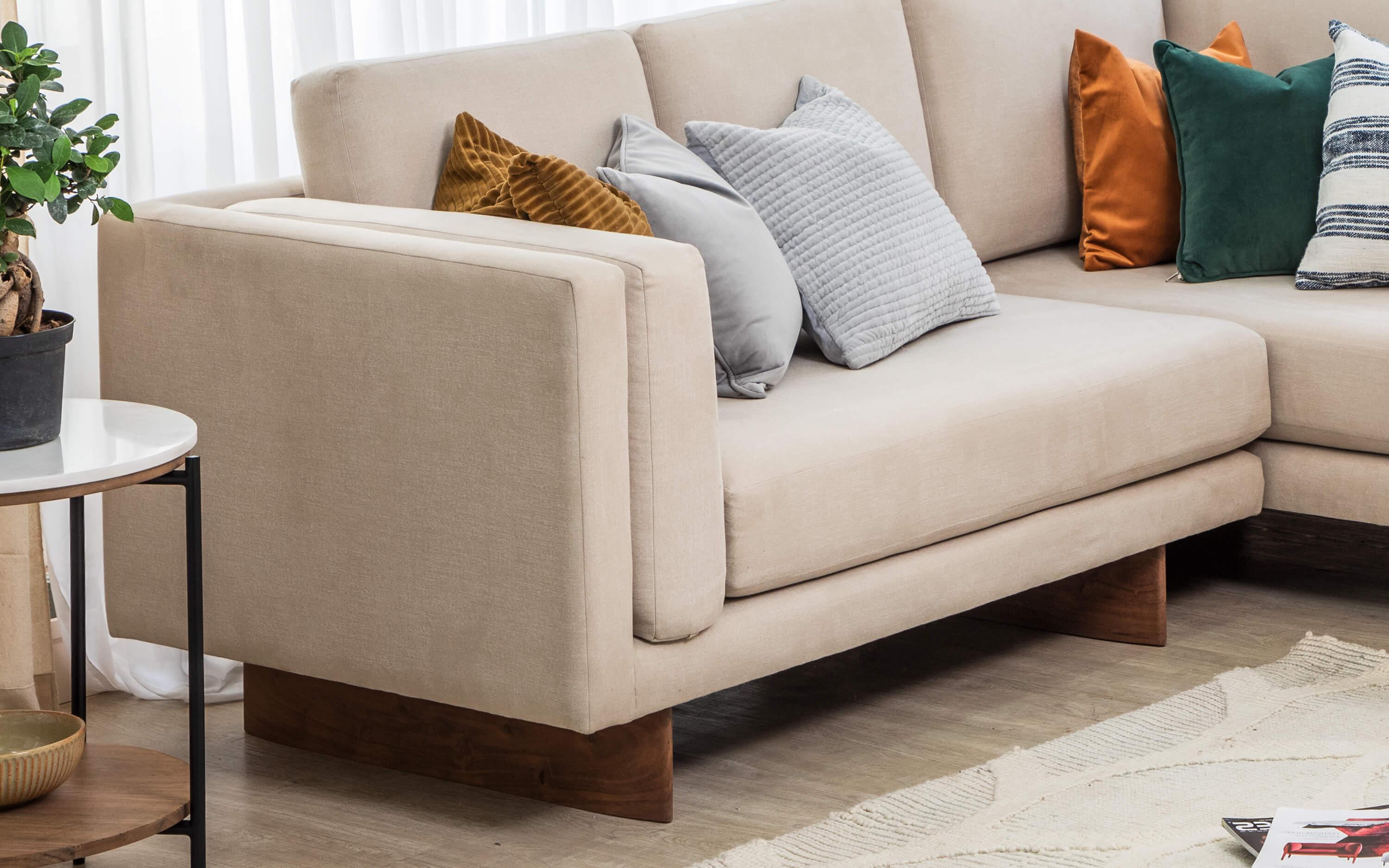 Chiyo L-Shape Sofa Set | Beige Upholstered & Solid Wood - Close shot - from left angle - Orange Tree