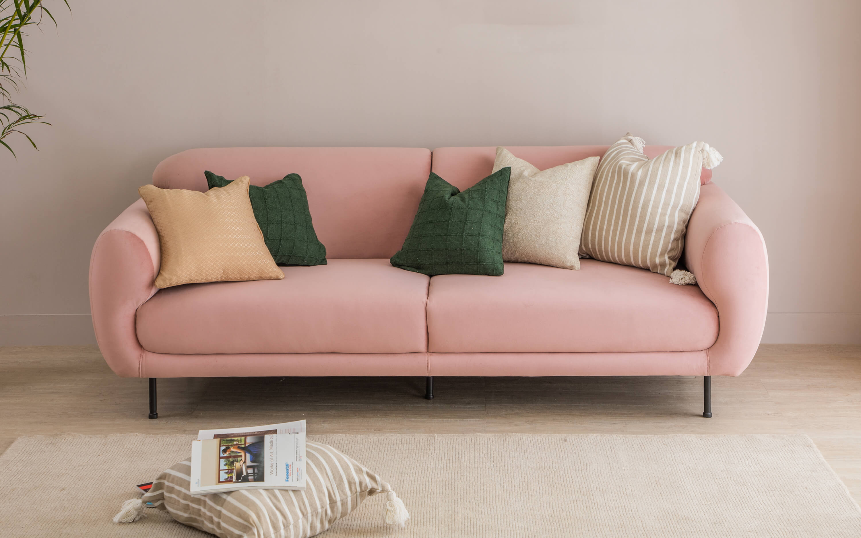  3 Seater Sofa in plush pink colour upholstered fabric with rolled-up arm rests  - Orange Tree
