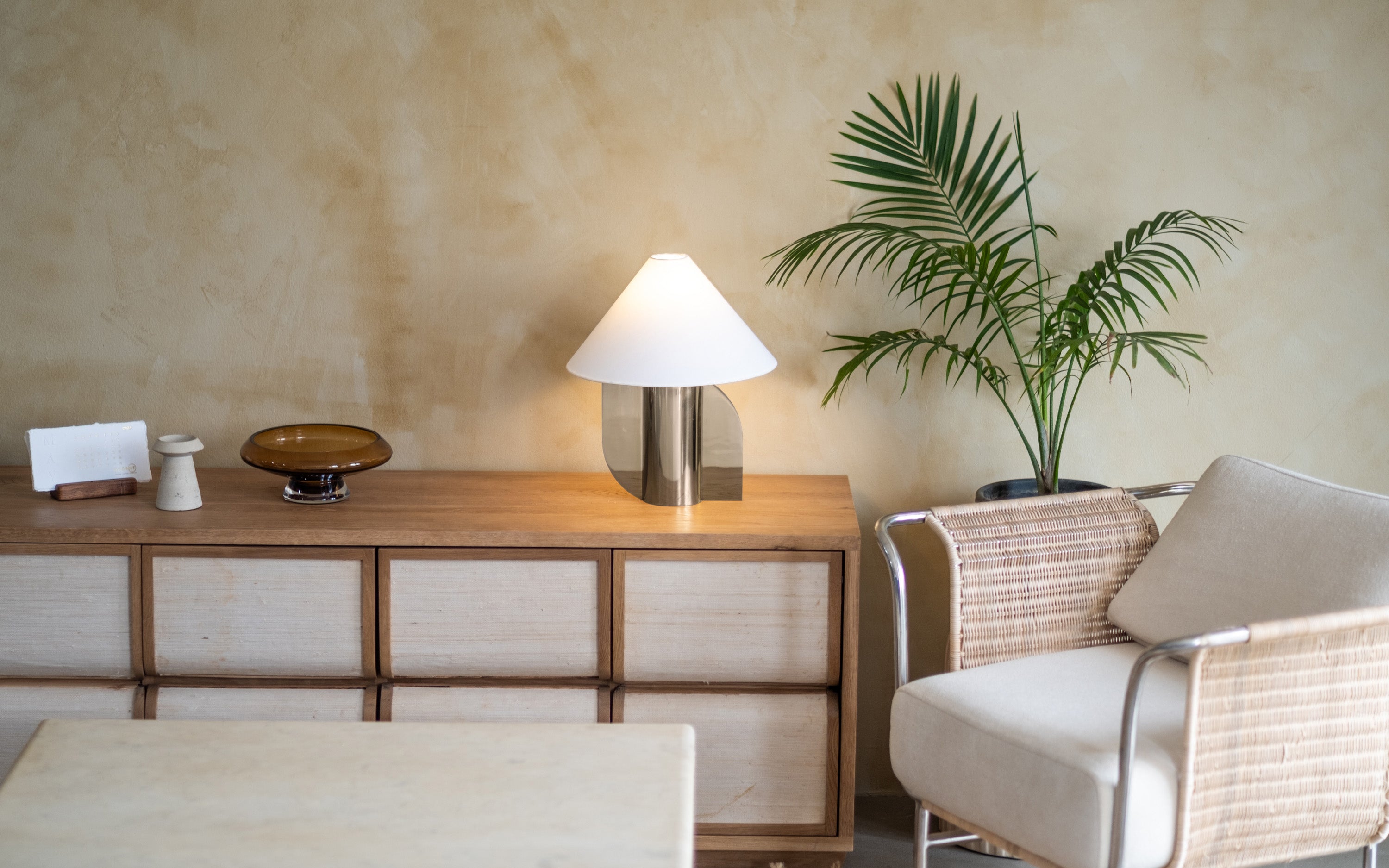 Helia Silver Table Lamp | Metal Base & White Cotton Fabric Shade - Close shot - from left angle - Orange Tree