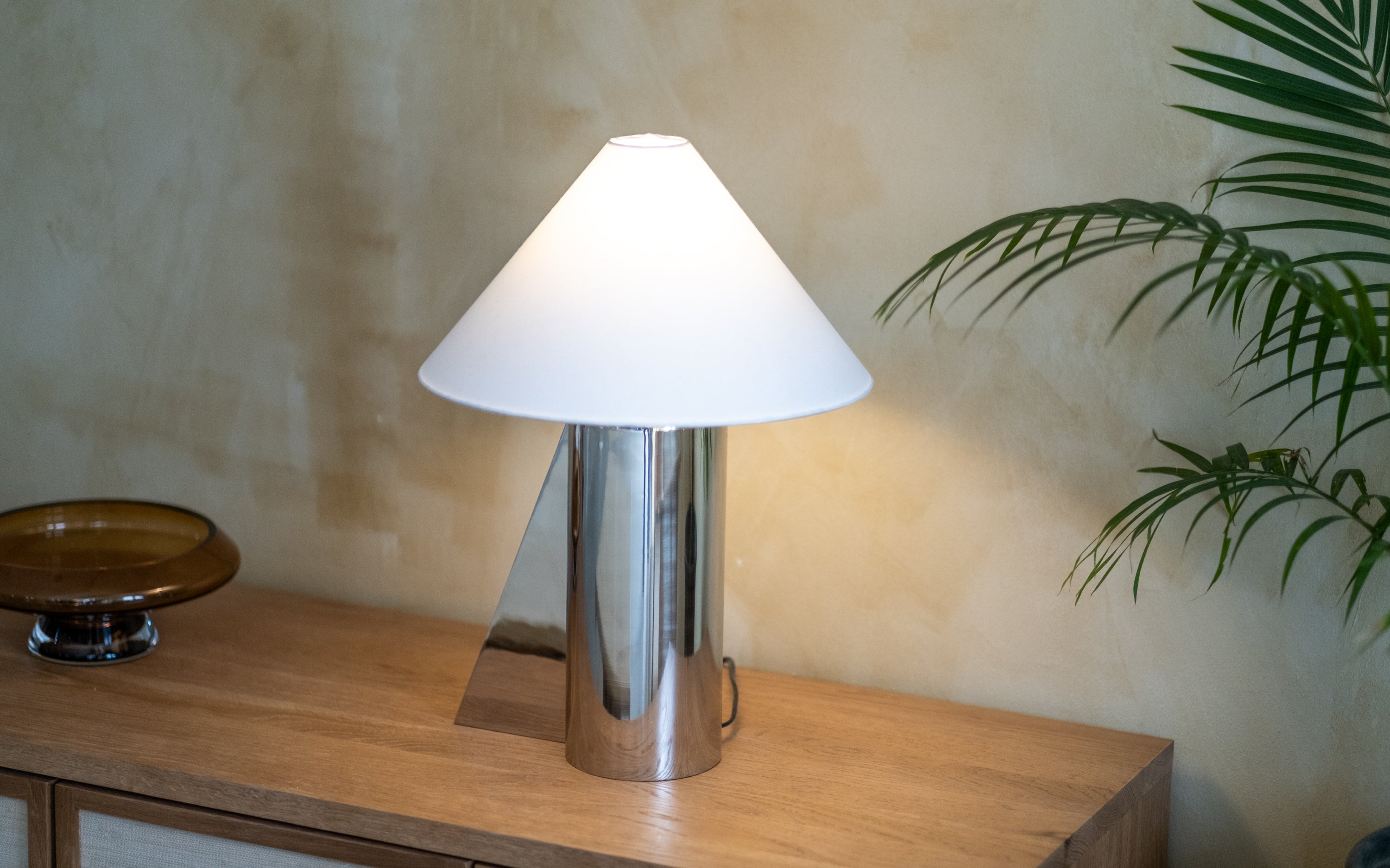 Helia Silver Tall Table Lamp | Metal Base & White Cotton Shade - Close shot - from left angle - Orange Tree