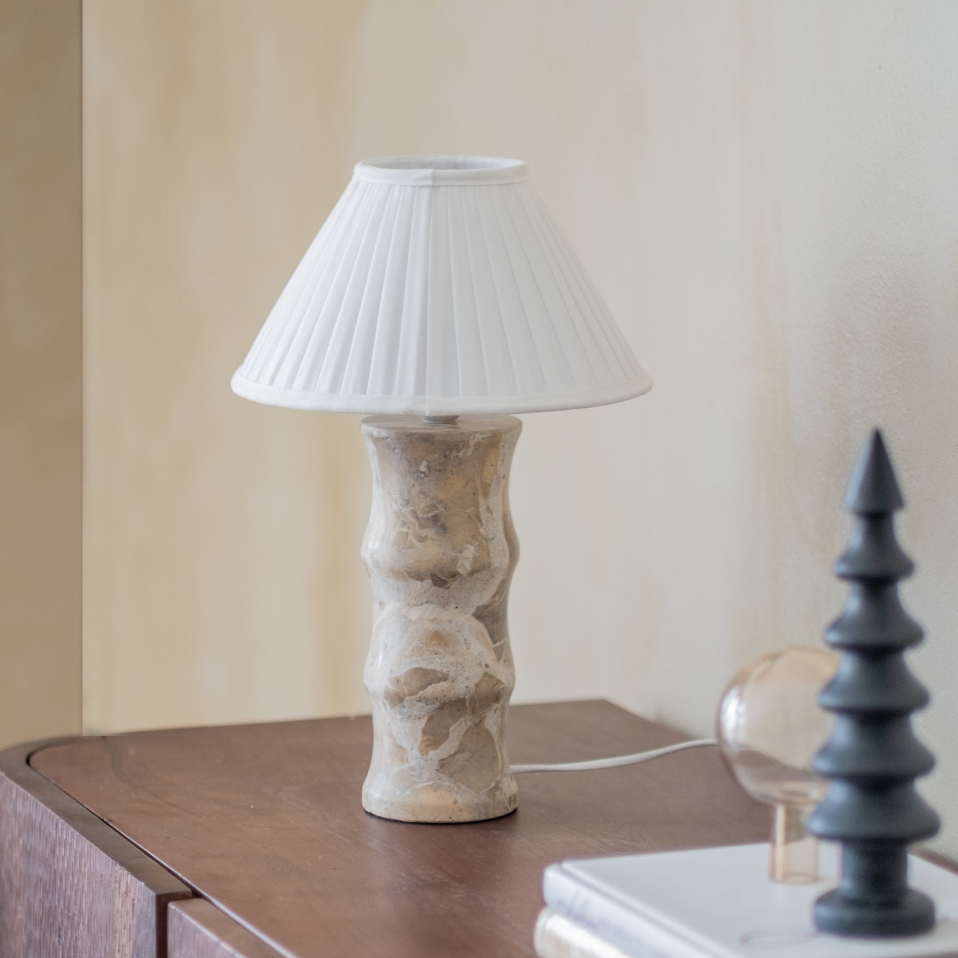 Halo Small Marble Table Lamp | Panther Marble & White Fabric