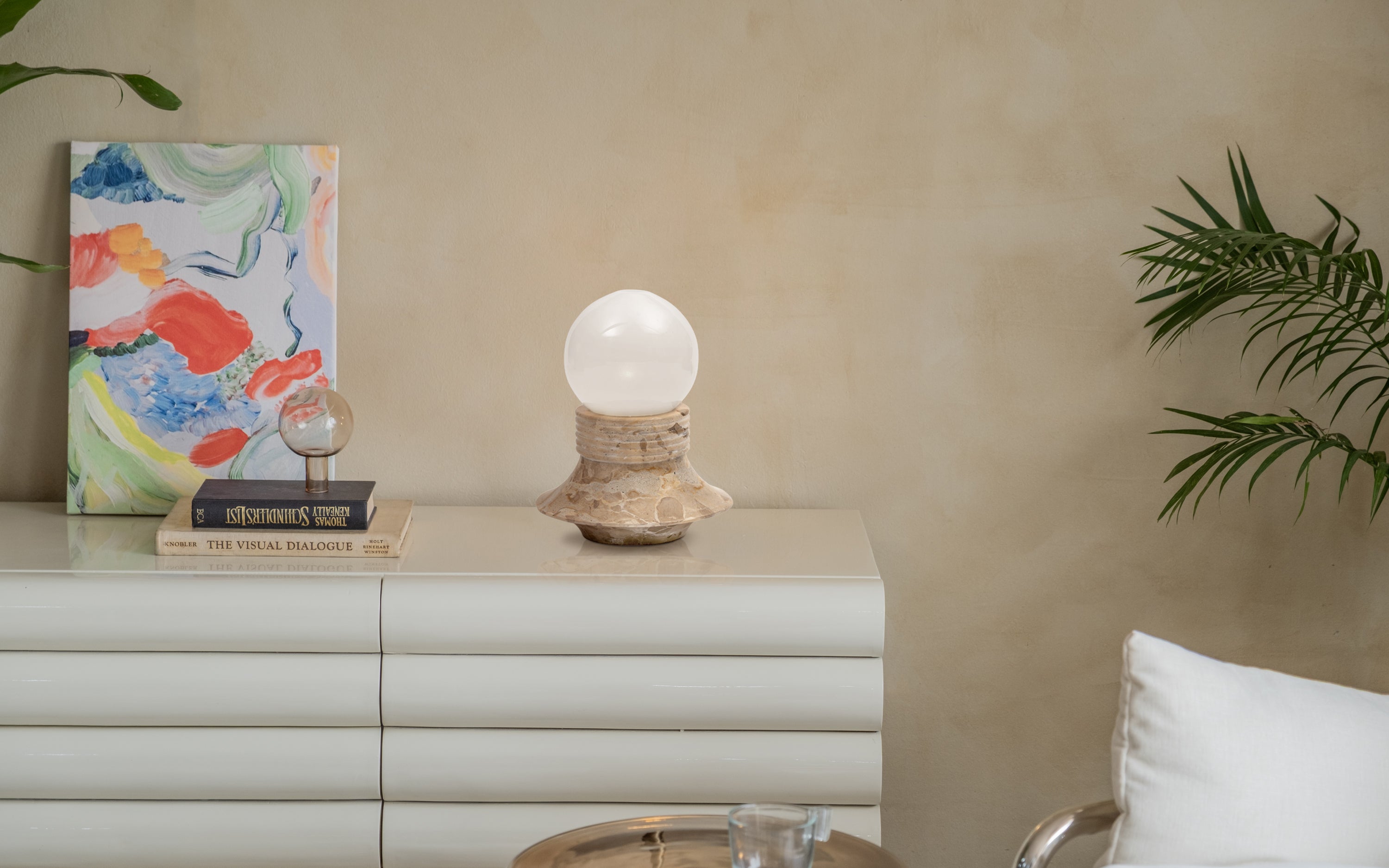 Halo Marble Table Lamp | Panther Marble & Opal Glass Globe - Close shot - Orange Tree