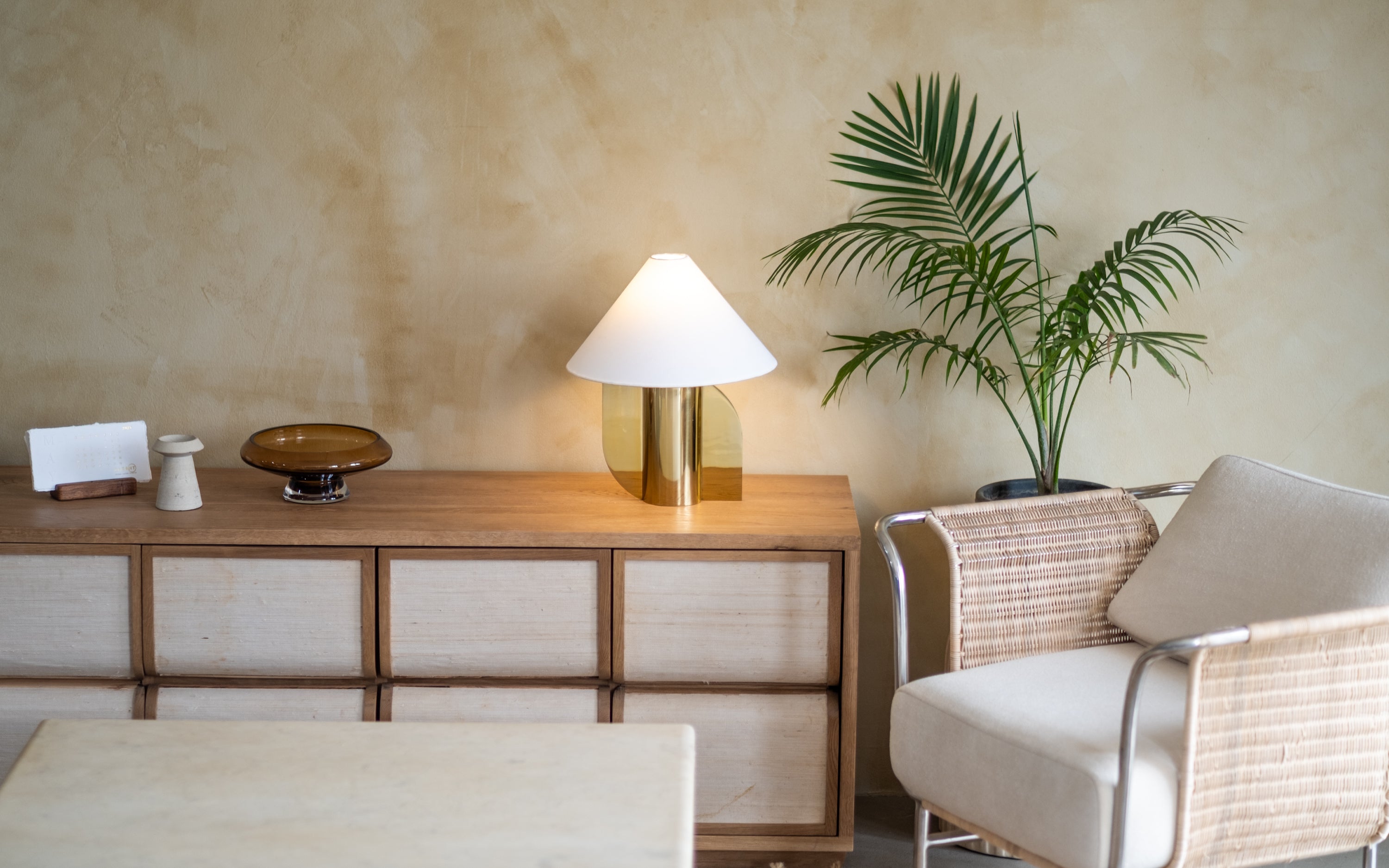 Helia Gold Table Lamp | Metal Base & White Cotton Fabric Shade - Close shot - from upper angle - Orange Tree