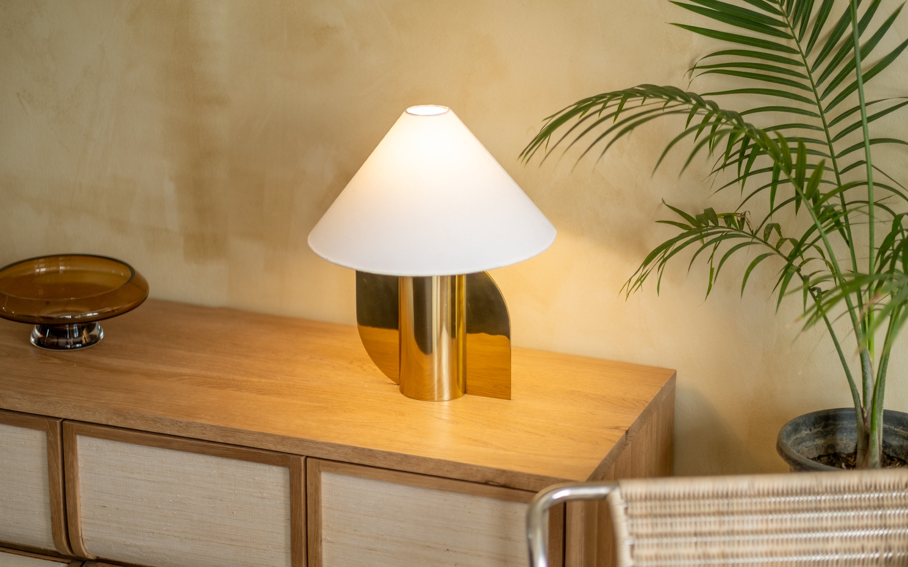 Helia Gold Table Lamp | Metal Base & White Cotton Fabric Shade - with white background - Orange Tree