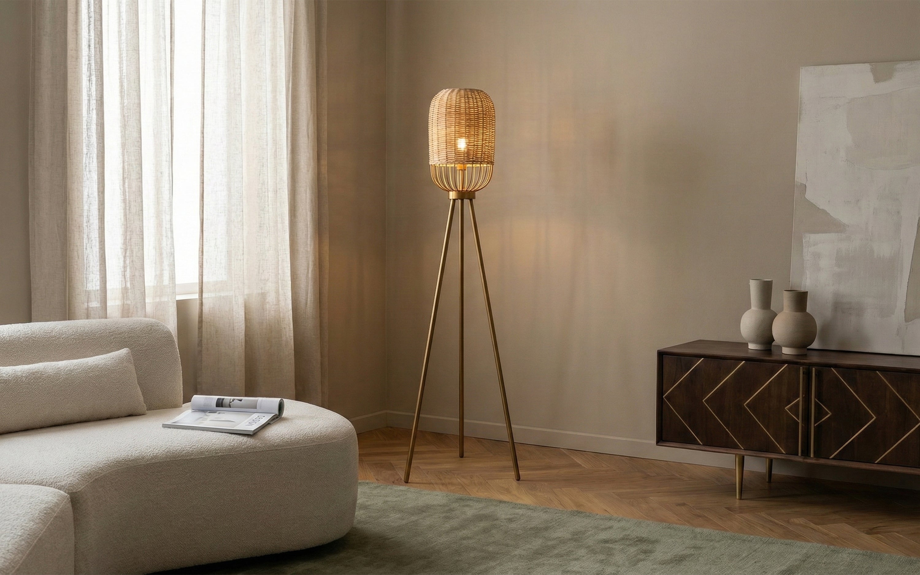 Henka Gold Rattan Tripod Floor Lamp - Orange Tree