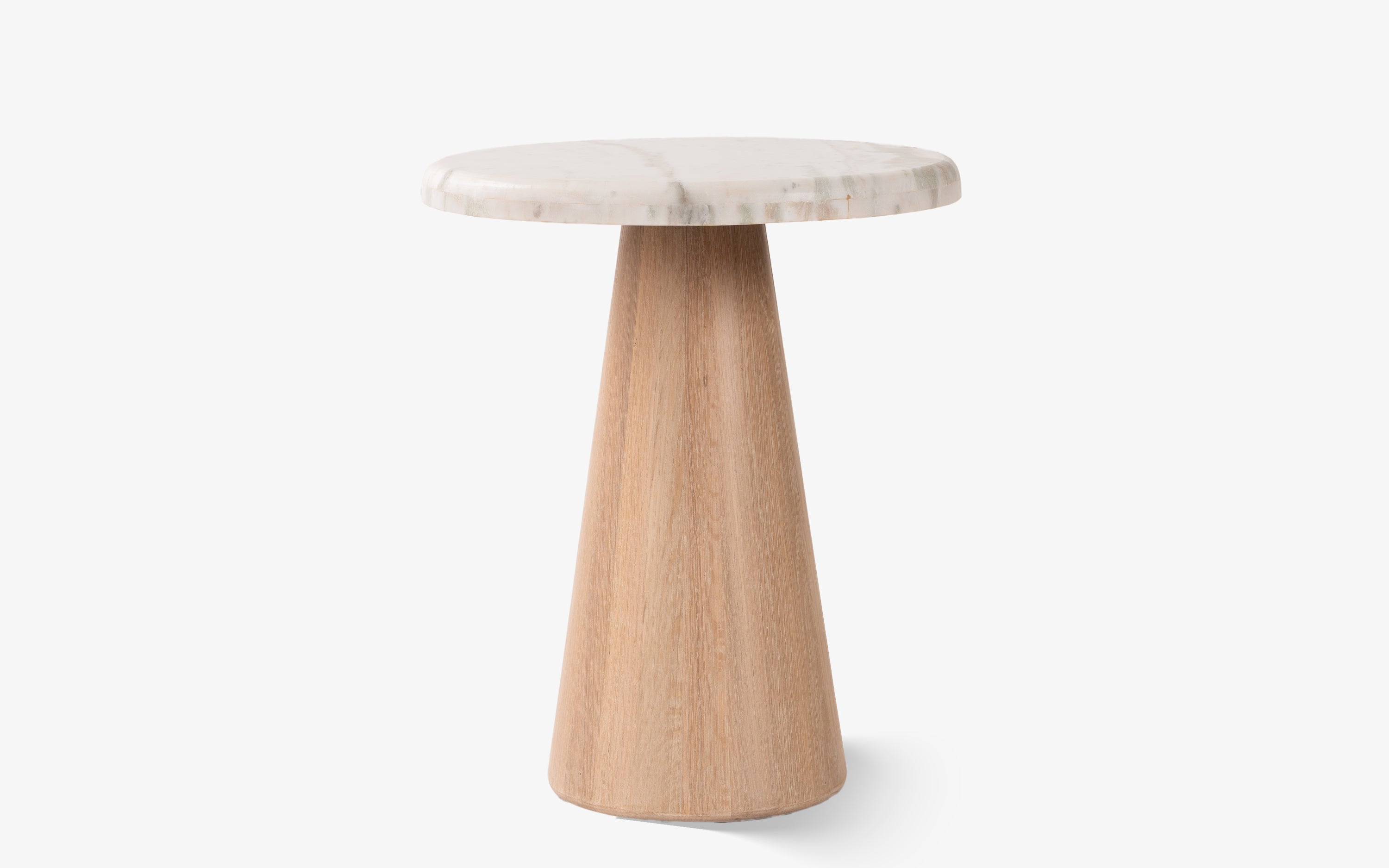 Hump Round Marble Top Side Table with Oak Wood Base - Close shot - from left angle - Orange Tree