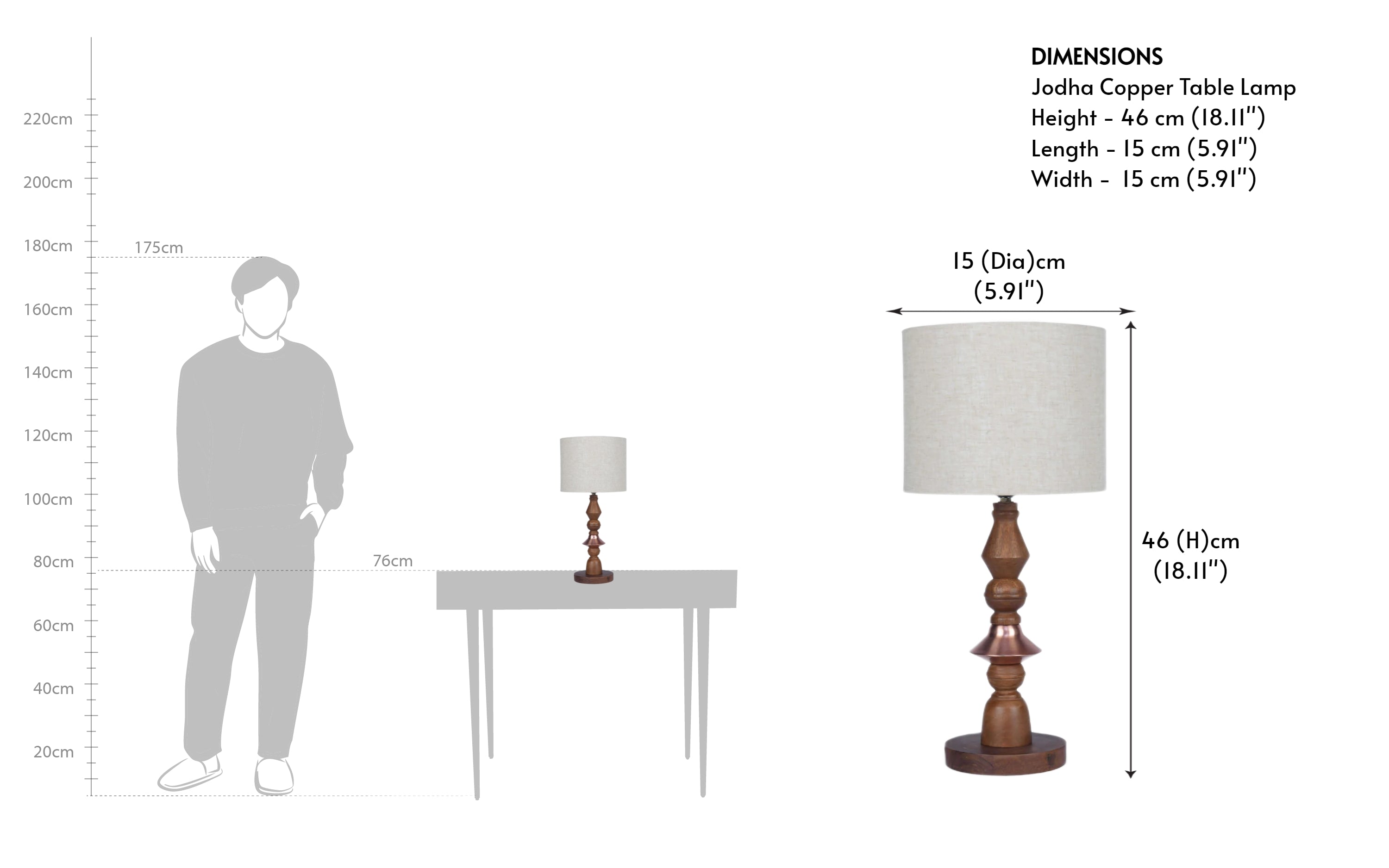 Jodha Copper Wood Bedside Table Lamp | White Shade - Close shot - from left angle - Orange Tree