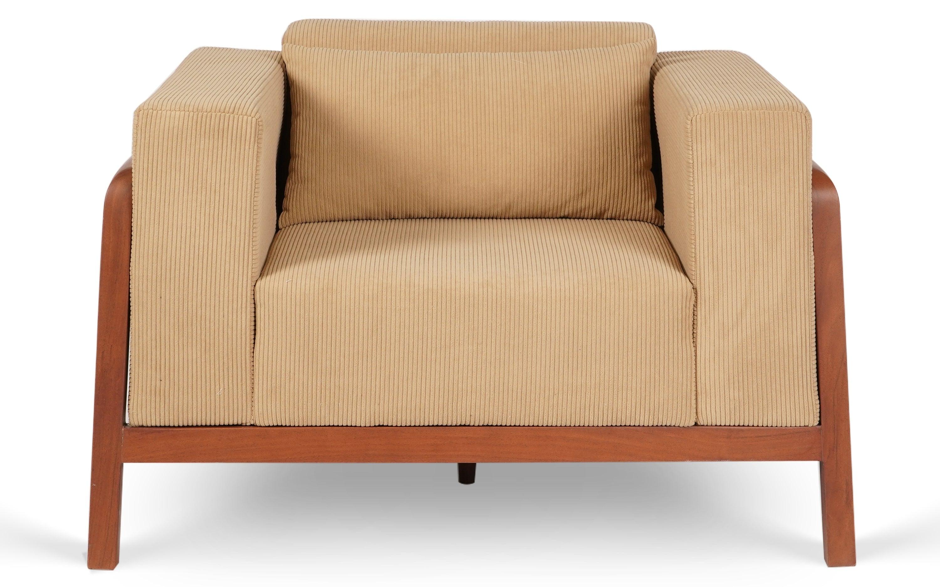 Joy 1 Seater Yellow Sofa with Wooden Legs - Close shot - from left angle - Orange Tree