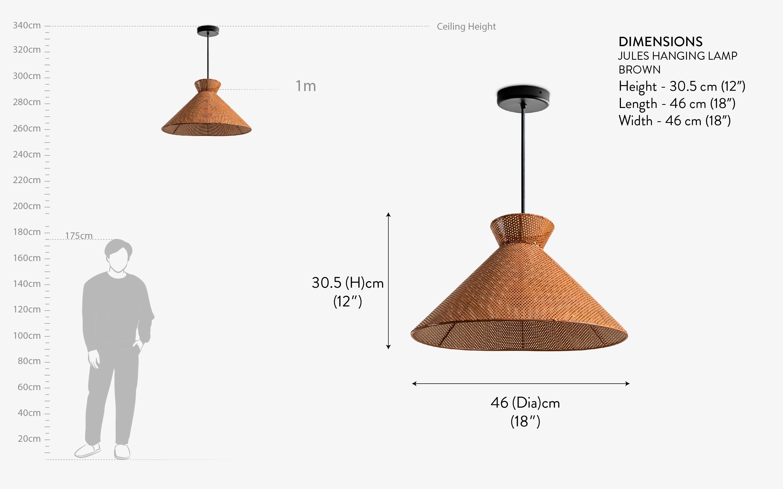 Jules Brown Conical Metal Hanging Lamp | LED Bulb - Close shot - from right angle - Orange Tree