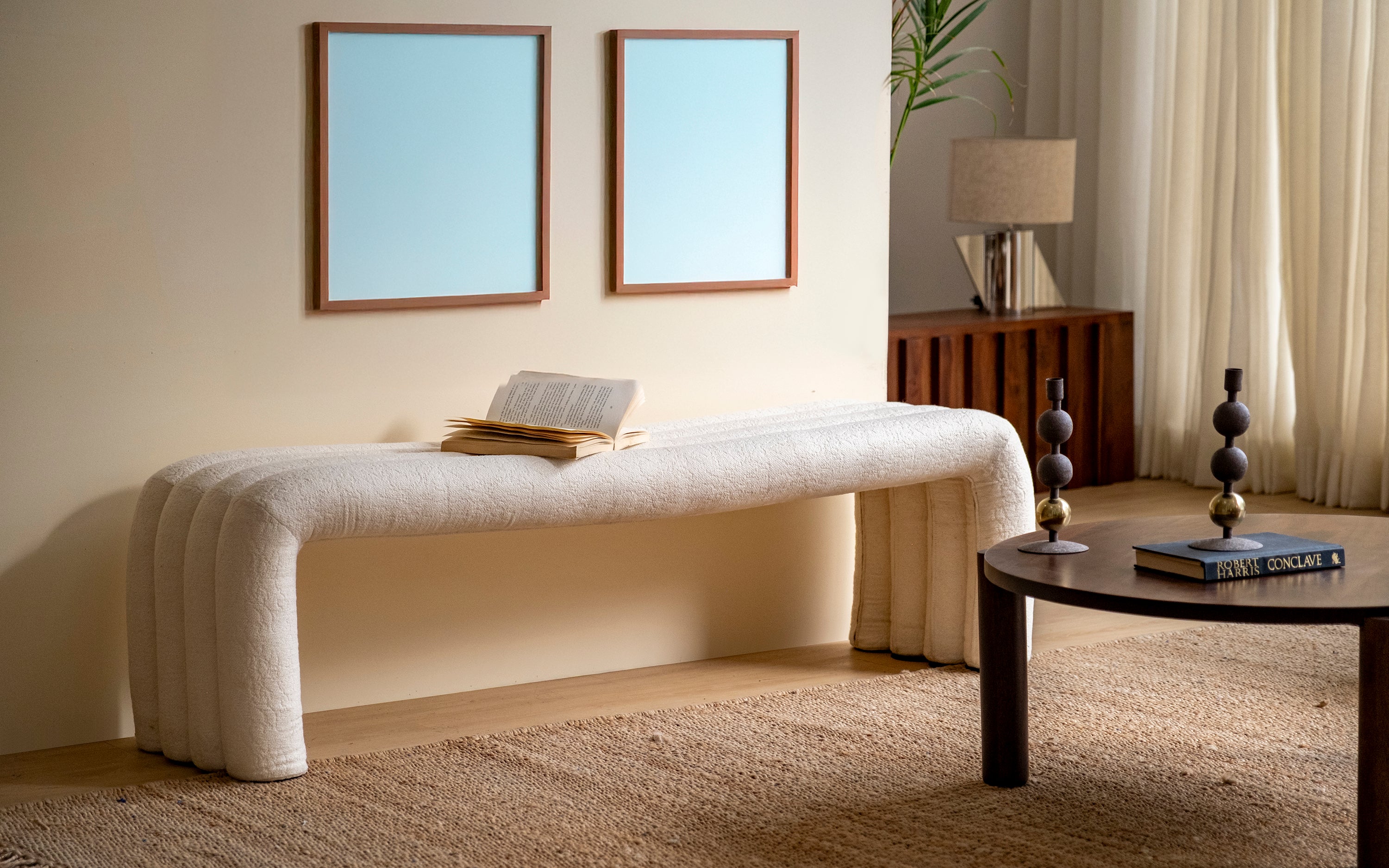 Kaba Seater Boucle Fabric Bench for Living Room White Fabric