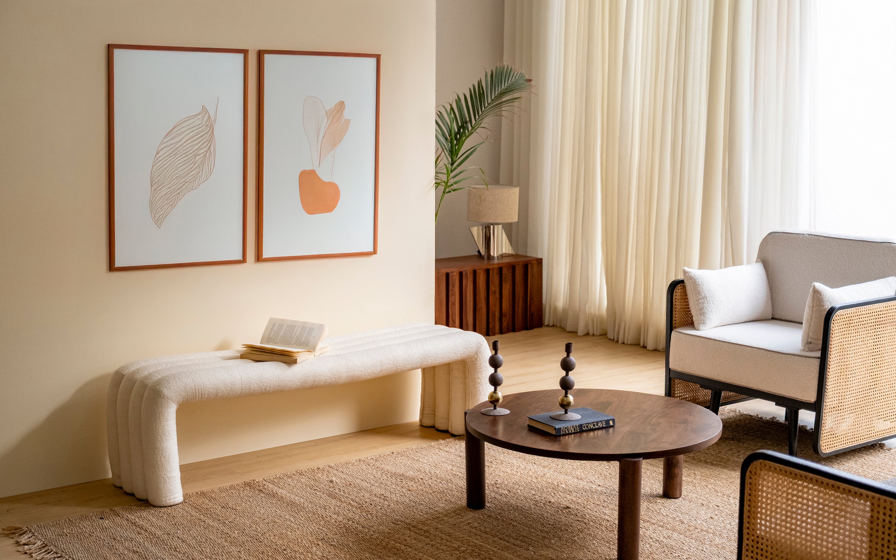 Kaba 3 Seater Boucle Fabric Bench for Living Room | White Fabric - Close shot - from left angle - Orange Tree