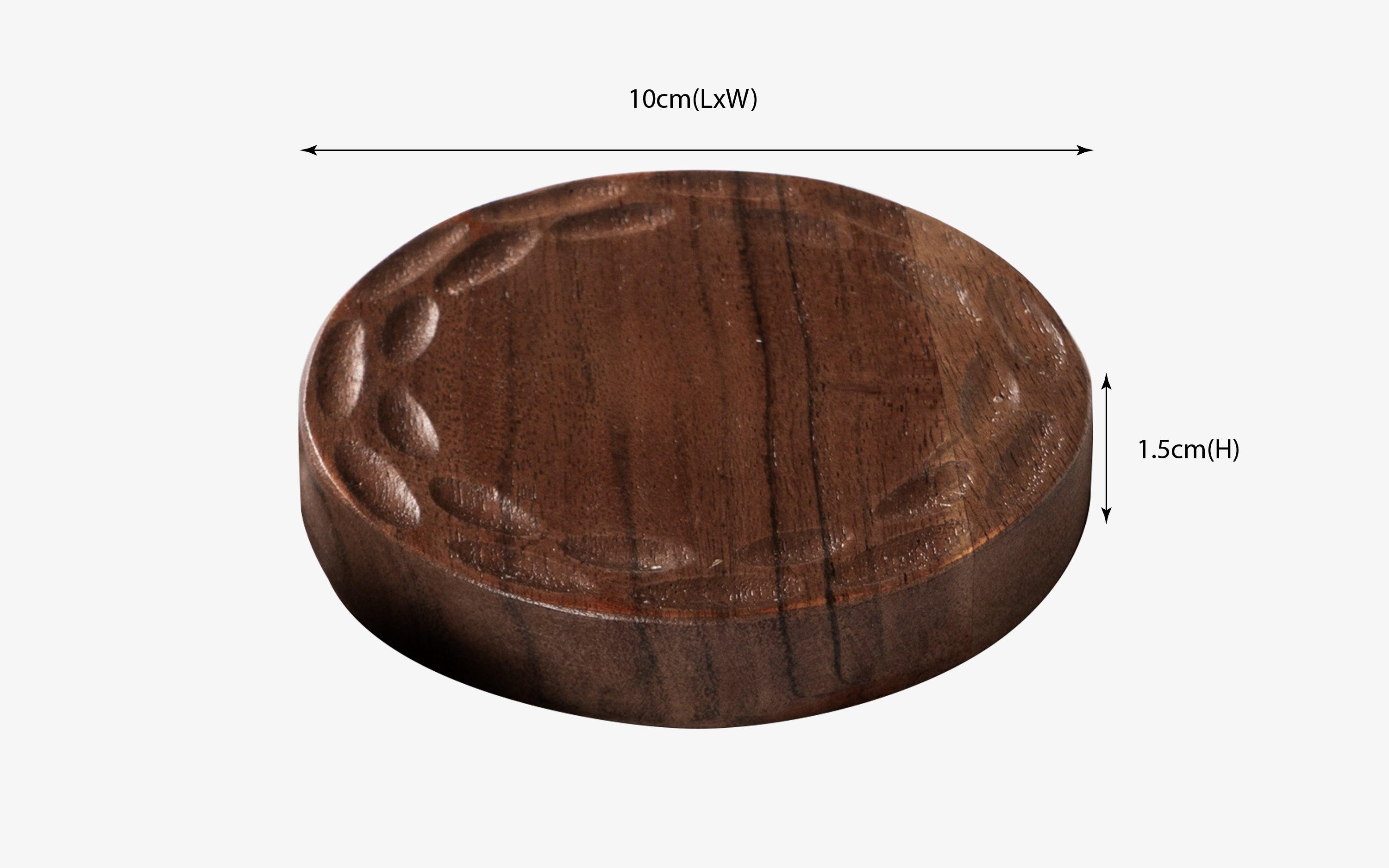 Kalai Round Wooden Coaster Tableware Set of 6 in Walnut Finish - Close shot - from right angle - Orange Tree