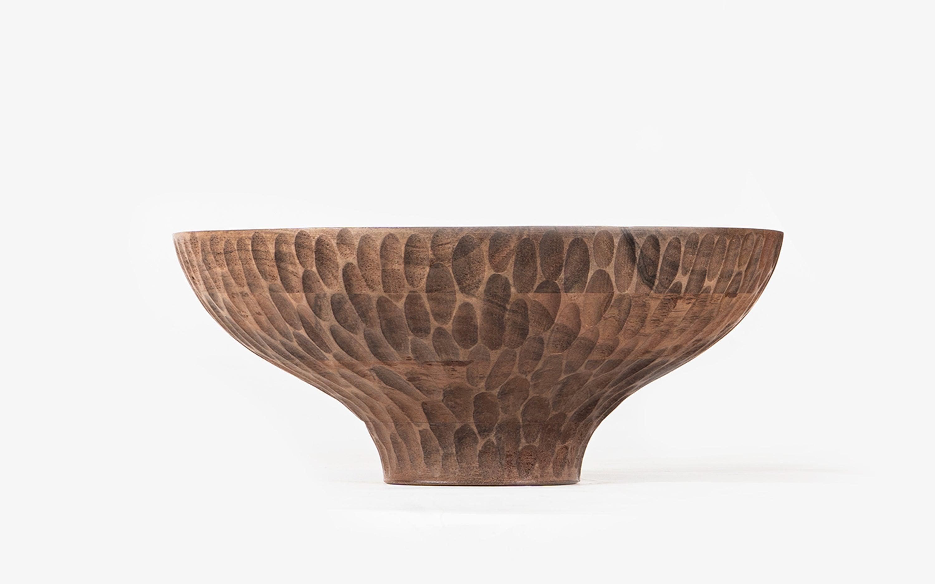 Kalai Round Wooden Serving Bowl for Table Decor in Walnut Finish - with white background - Orange Tree
