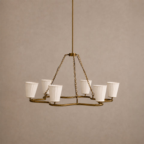 Modern brass chandelier with fabric shades