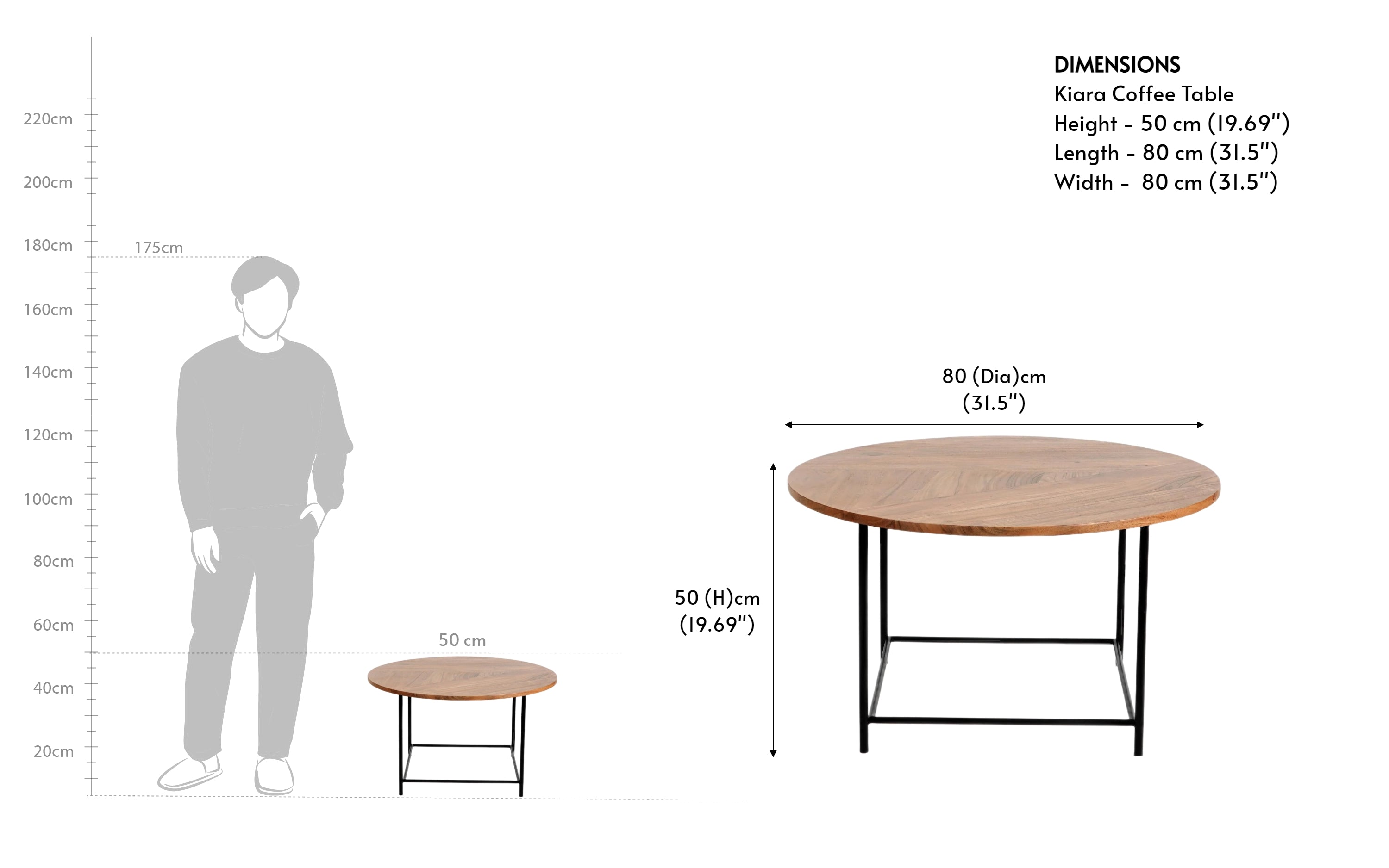 Kiara Wooden Coffee Table in natural finish | black metal legs. - Close shot - Orange Tree