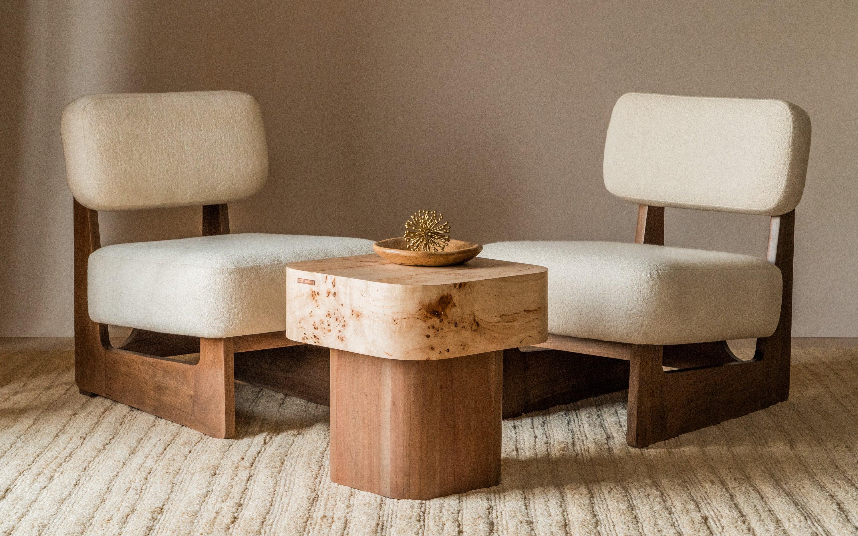Kino Wooden Lounge Chair with Boucle Fabric and Walnut Finish - Close shot - from left angle - Orange Tree