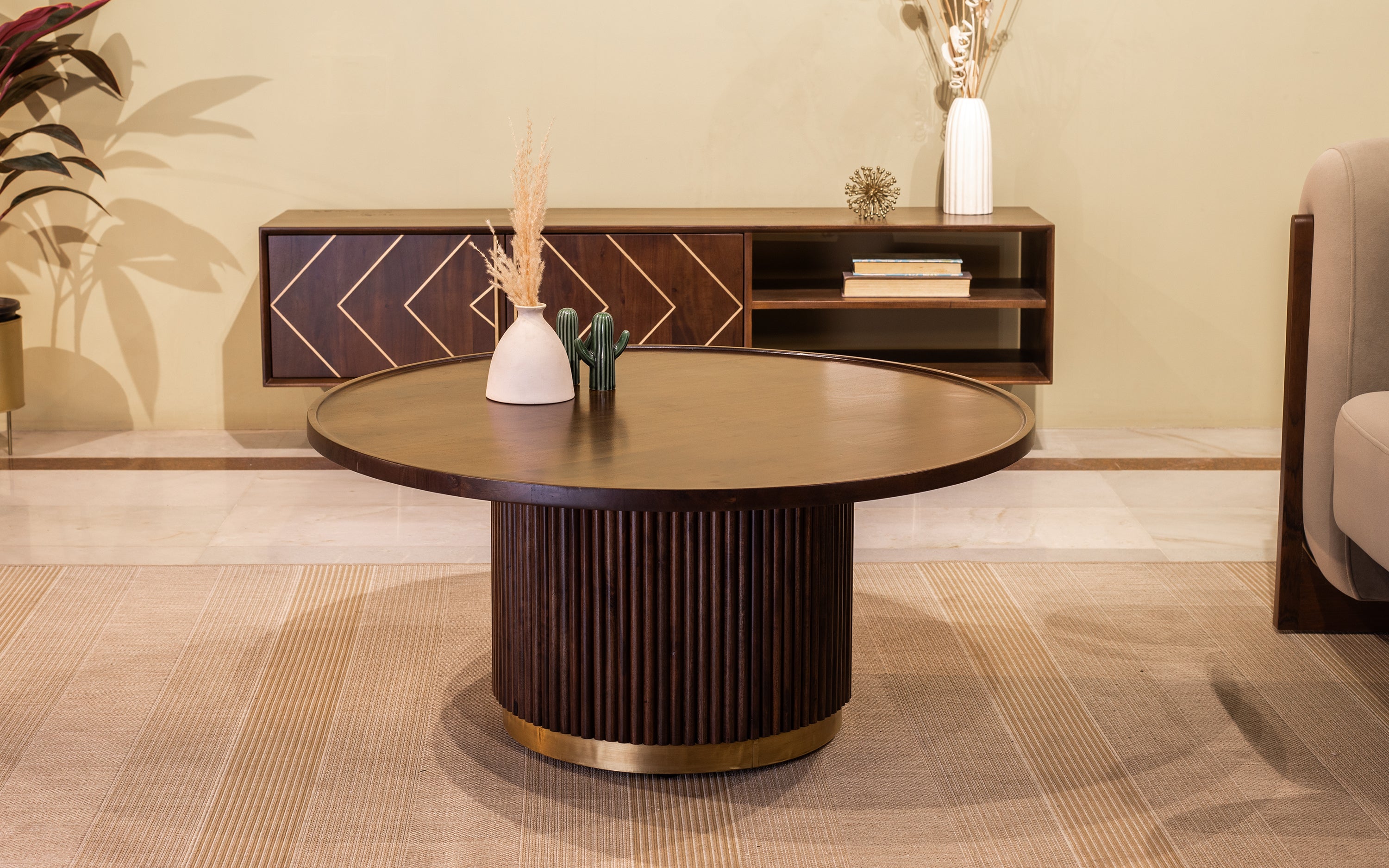 Kotaro Gold Round Wooden Fluted Coffee Table with Walnut Finish - Orange Tree