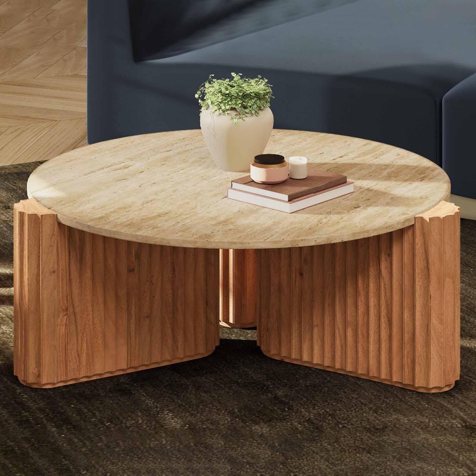 Kotaro Travertine marble coffee table | Acacia Wood| Natural Finish - with white background - Orange Tree