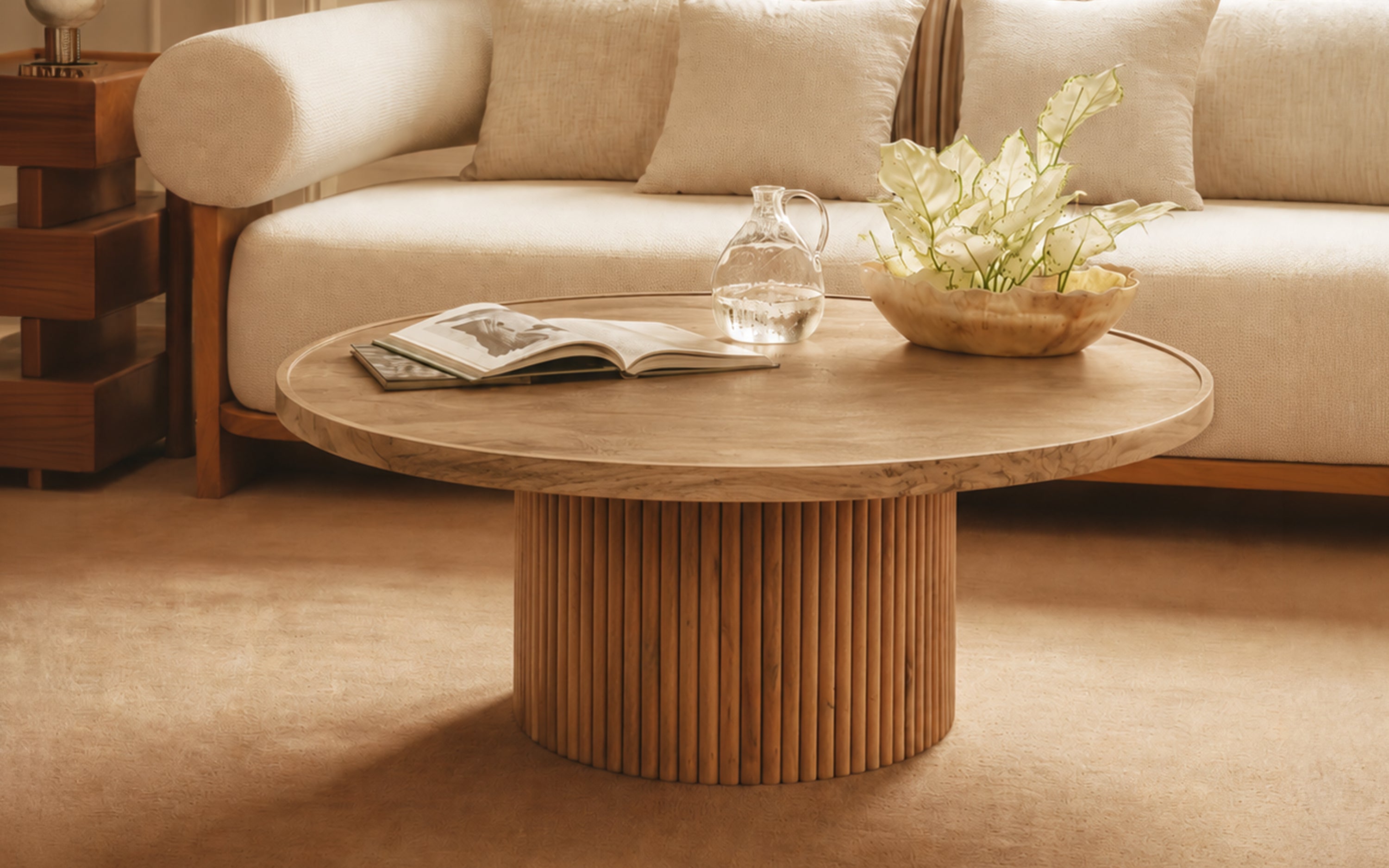 Kotaro Ribbed Round Wooden Coffee Table in Walnut Finish - Orange Tree