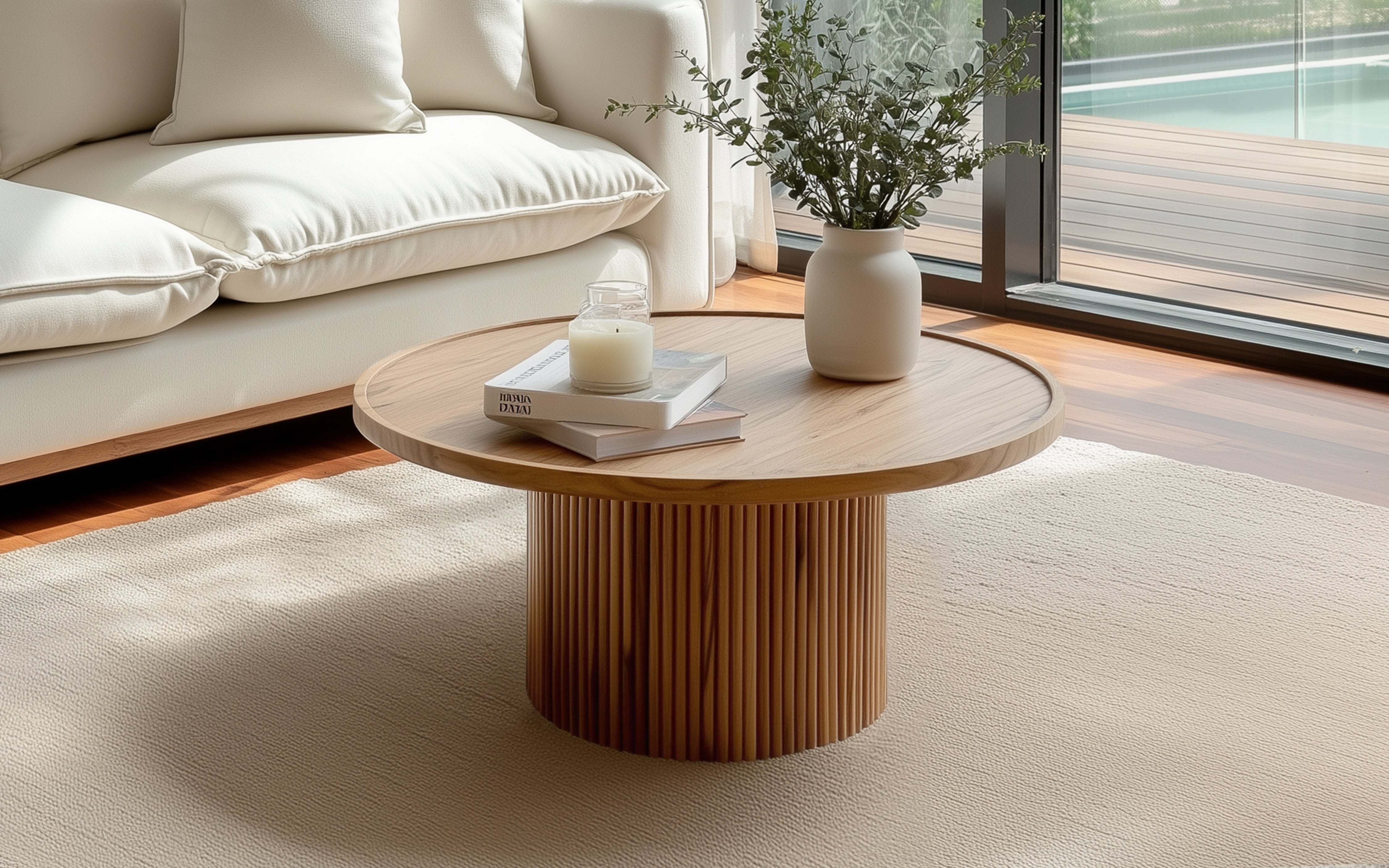 Kotaro Ribbed Round Wooden Coffee Table in Walnut Finish - Orange Tree