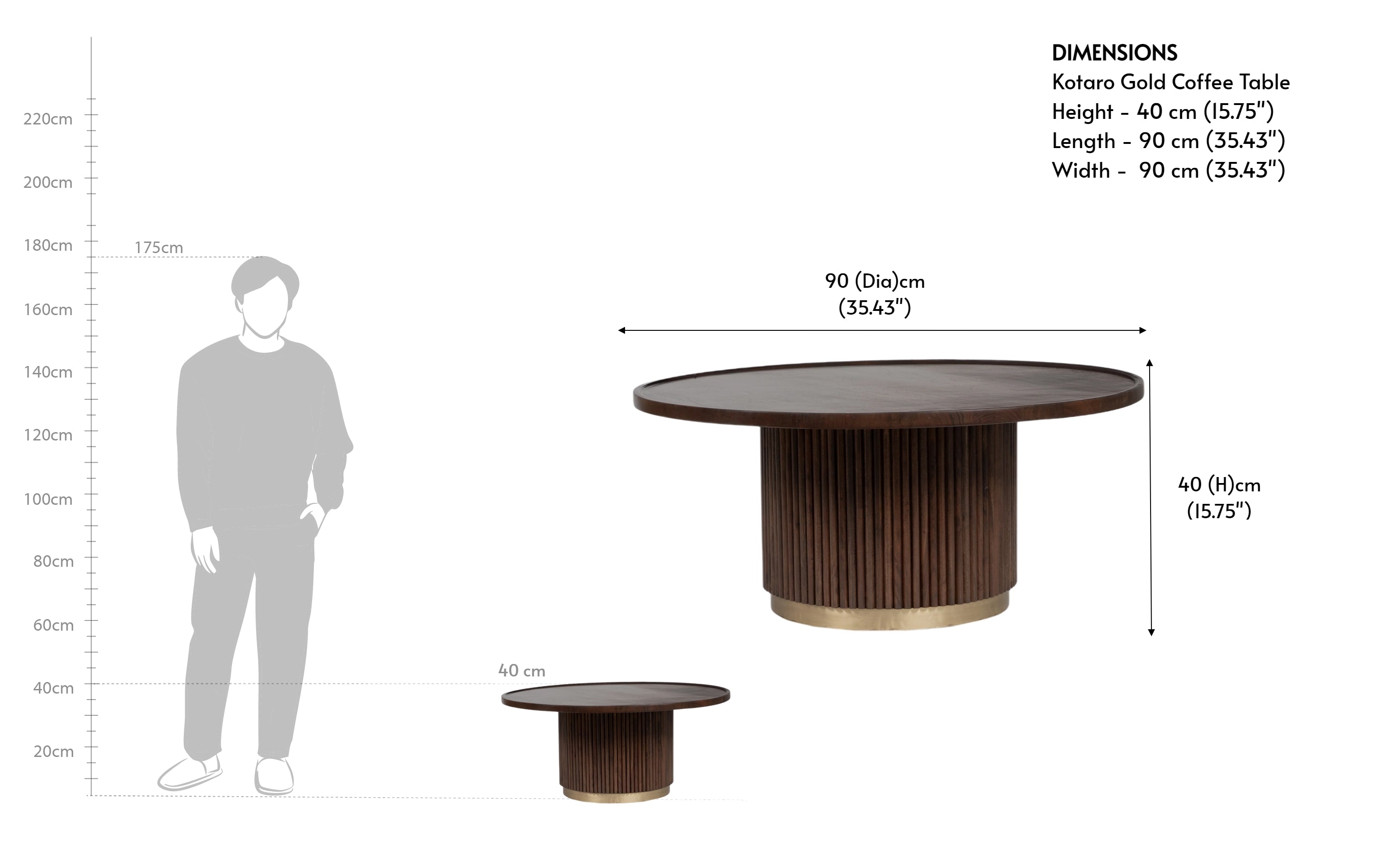 Kotaro Gold Round Wooden Fluted Coffee Table with Walnut Finish - with white background - Orange Tree