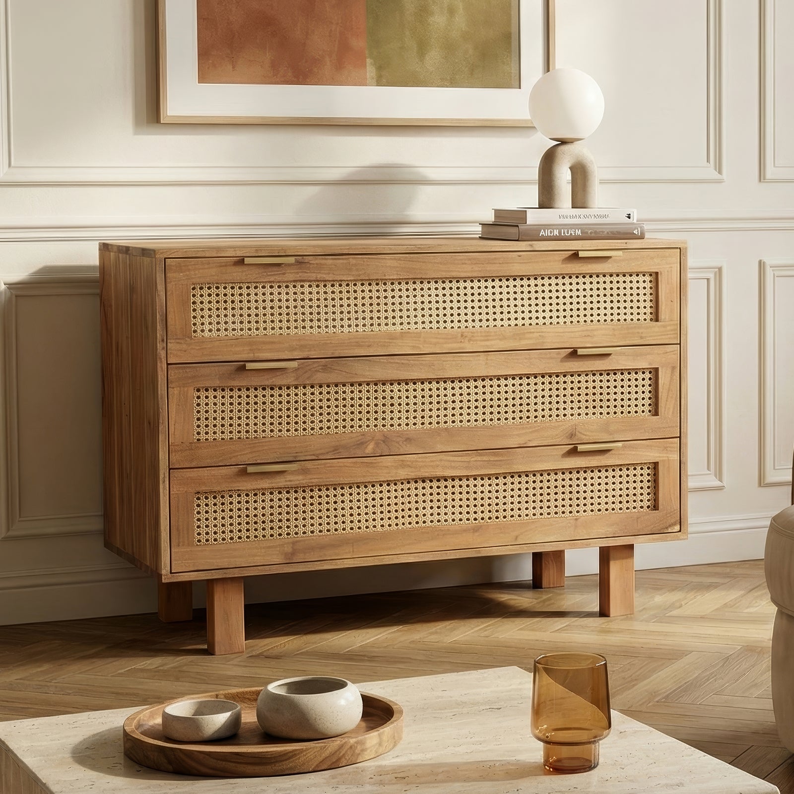 draw drawers バックオープンTシャツ ベージュ Kyoto Cane 3 Drawers Chest of Drawers | Natural Finish