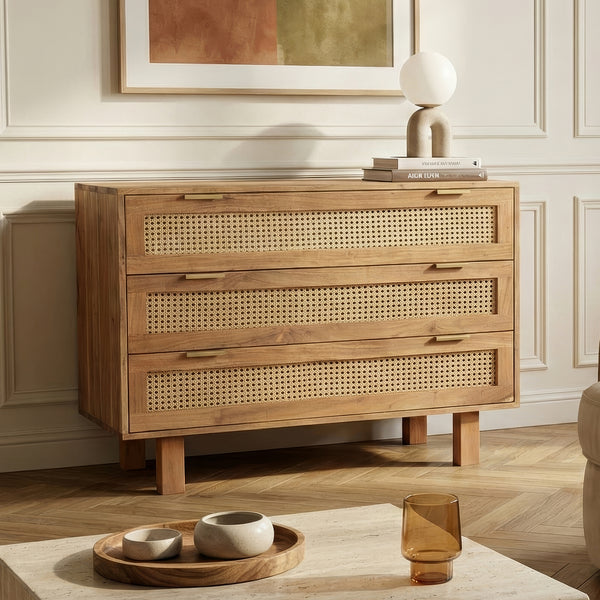 Kyoto Cane 3 Drawers Chest of Drawers | Natural Finish