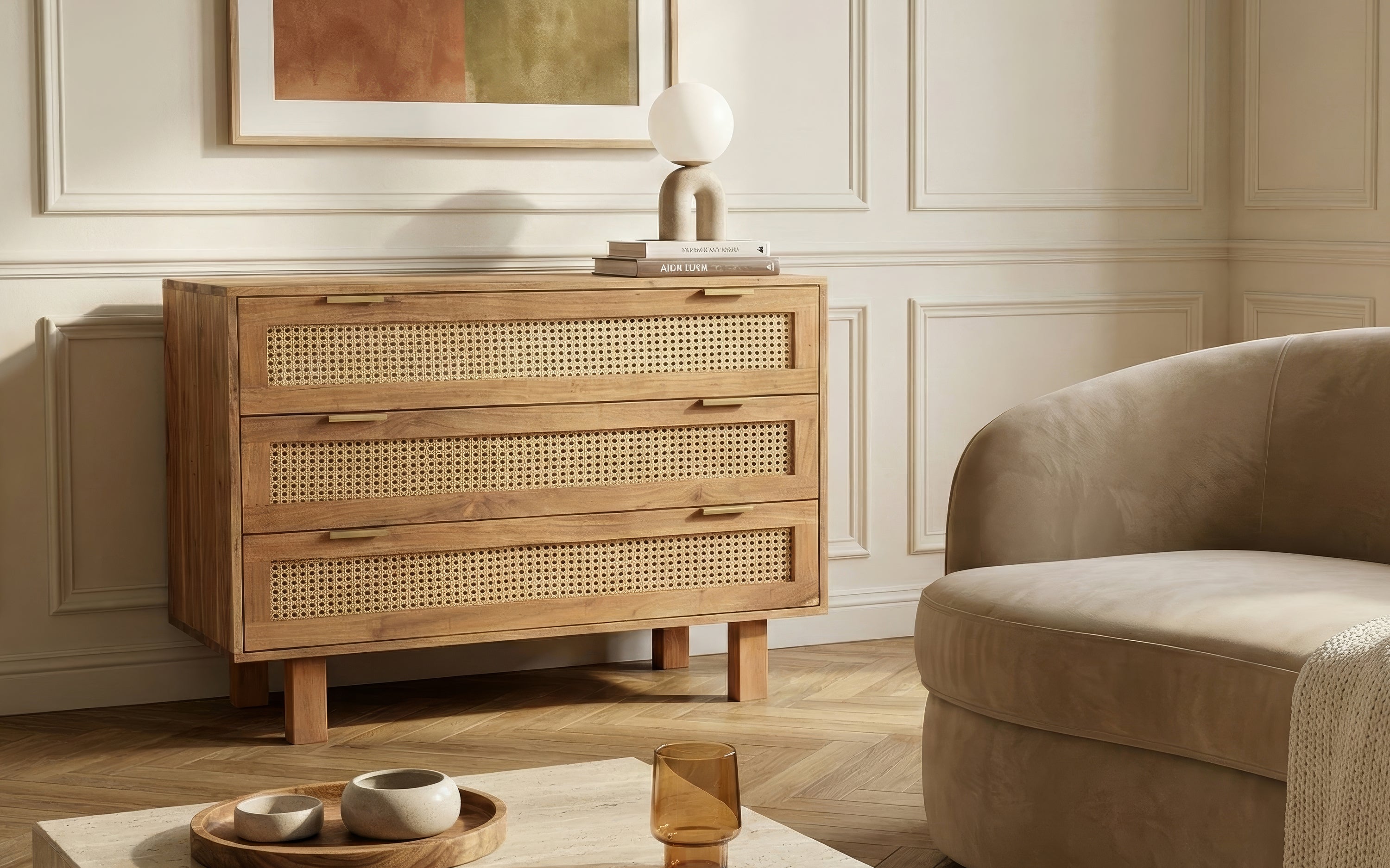 Kyoto Cane 3 Drawers Chest of Drawers | Natural Finish